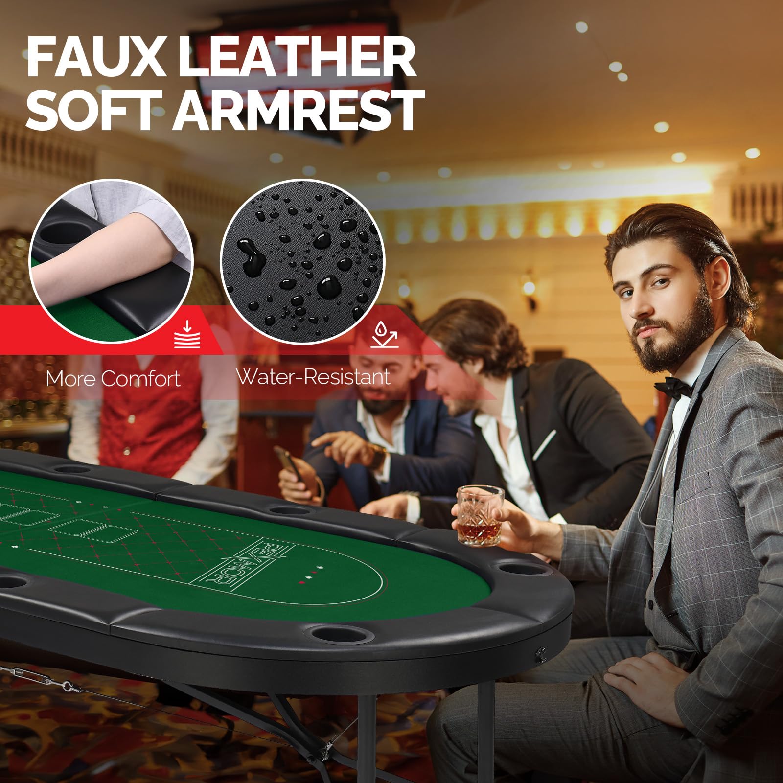 PEXMOR 8 Player Foldable Poker Table with Casino-Grade Felt & Stainless Steel Cup Holders - Texas Holdem Blackjack Game Table for Home & Casino Nights - Water-Resistant Cushioned Rail & Easy Assembly - Perfect for Poker Parties, Game Nights & Casino-Themed Events