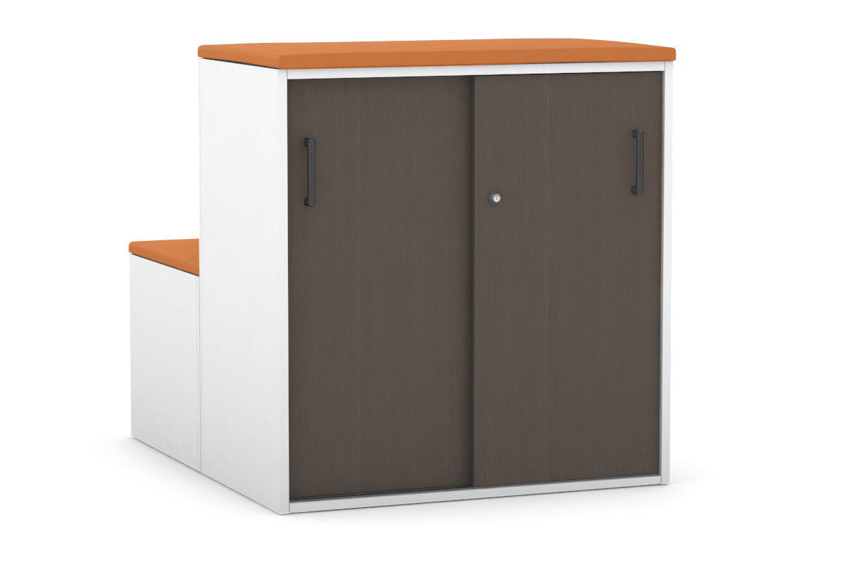 Professional Med Sliding 2-Door Credenza with Seat Cushion - Uniform Activity Module Cabinet with Low Profile Design [Black Handle] - Perfect for Medical Offices, Clinics, and Healthcare Facilities