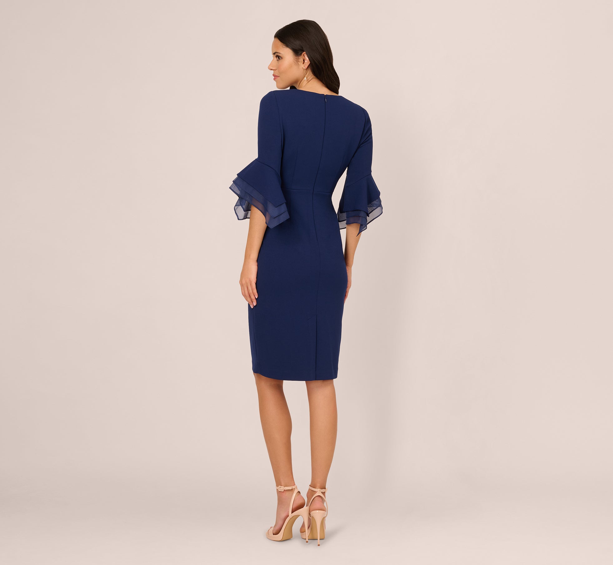 Navy Blue Satin Three-Quarter Bell Sleeve Sheath Midi Dress for Women | Elegant Office Wear & Special Occasion Outfit