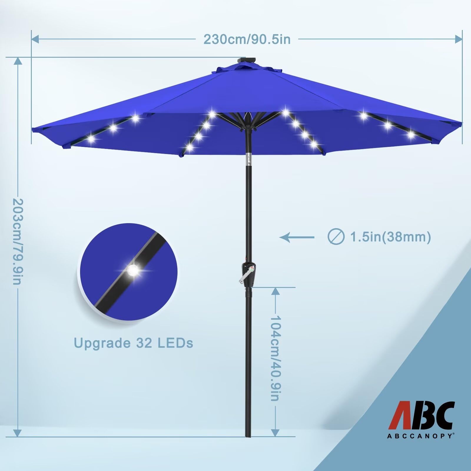 Durable 7.5FT Solar LED Patio Umbrella with 32 Lights - Royal Blue | Waterproof Outdoor Canopy for Garden, Poolside & Backyard Relaxation