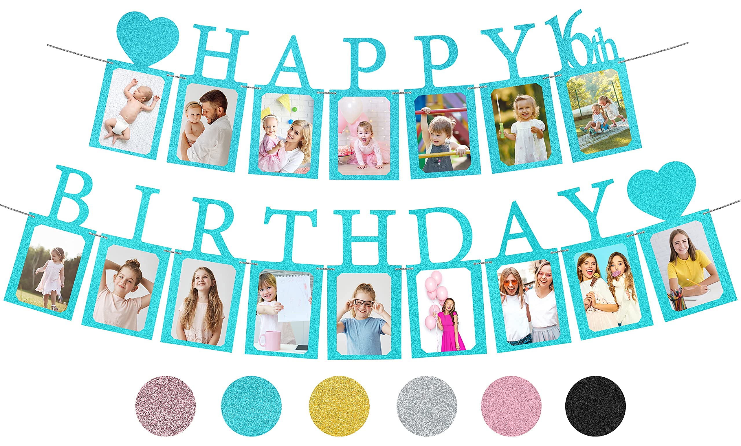 Blue Sweet 16 Birthday Party Decorations - Pre-assembled Photo Banner with 16 Card Frames & Signs - Perfect for Girls' Milestone Birthday Celebrations, Sweet 16 Parties, and Memorable Photo Backdrops