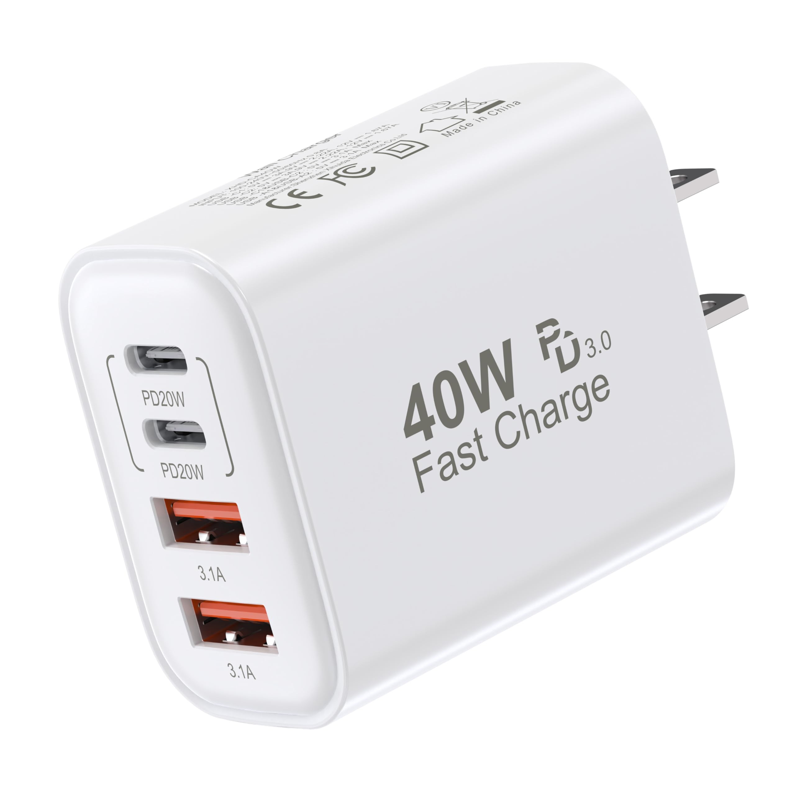 40W 4-Port USB C Wall Charger with PD & QC Fast Charging - Multi Port Power Adapter for iPhone 16/15/14/13/12/11/Pro Max/X/Xr/Xs/8/7, Apple Watch & Samsung Galaxy Phones (White) - Perfect for Home, Office & Travel Charging