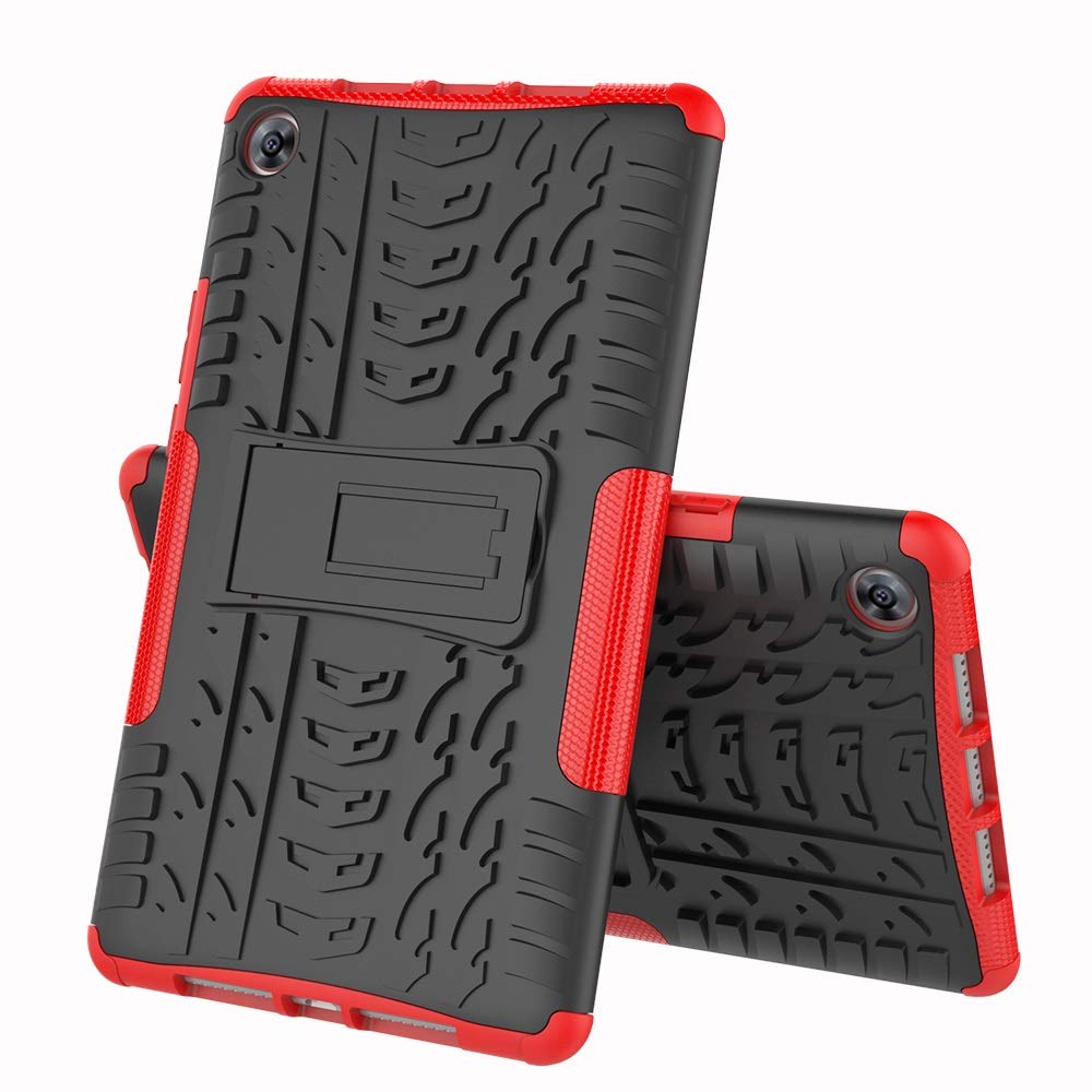 Huawei MediaPad M5 8.4 Inch Shockproof Case - Durable TPU+PC Tablet Cover with Tire Texture & Foldable Stand (Red) - Perfect for Work, Travel, and Home Entertainment