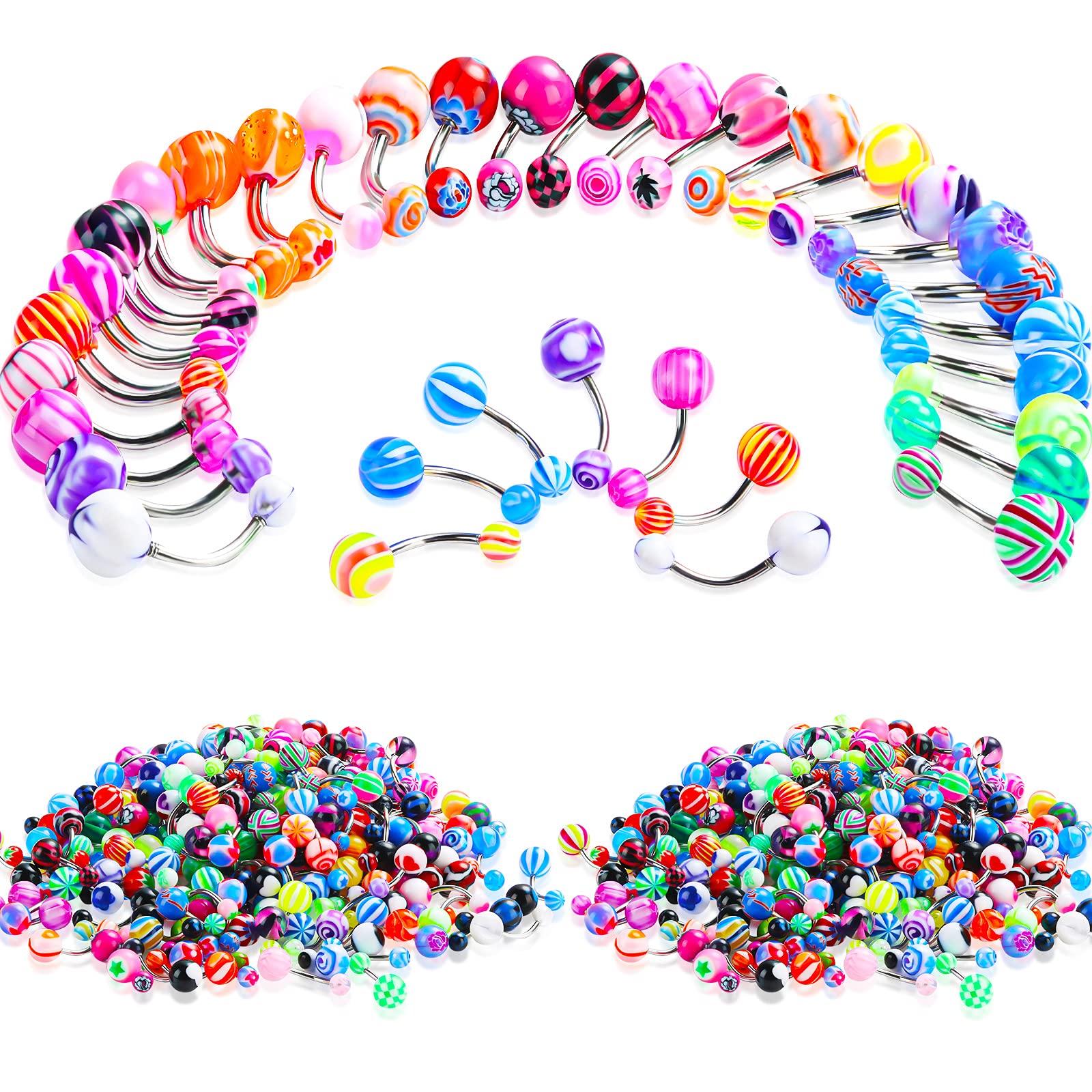 Junkin 200-Piece Bulk Belly Button Rings Set - Colorful Stainless Steel Navel Barbell Body Piercing Jewelry for Women & Girls - Perfect for Parties, Gifts and Body Jewelry Collections