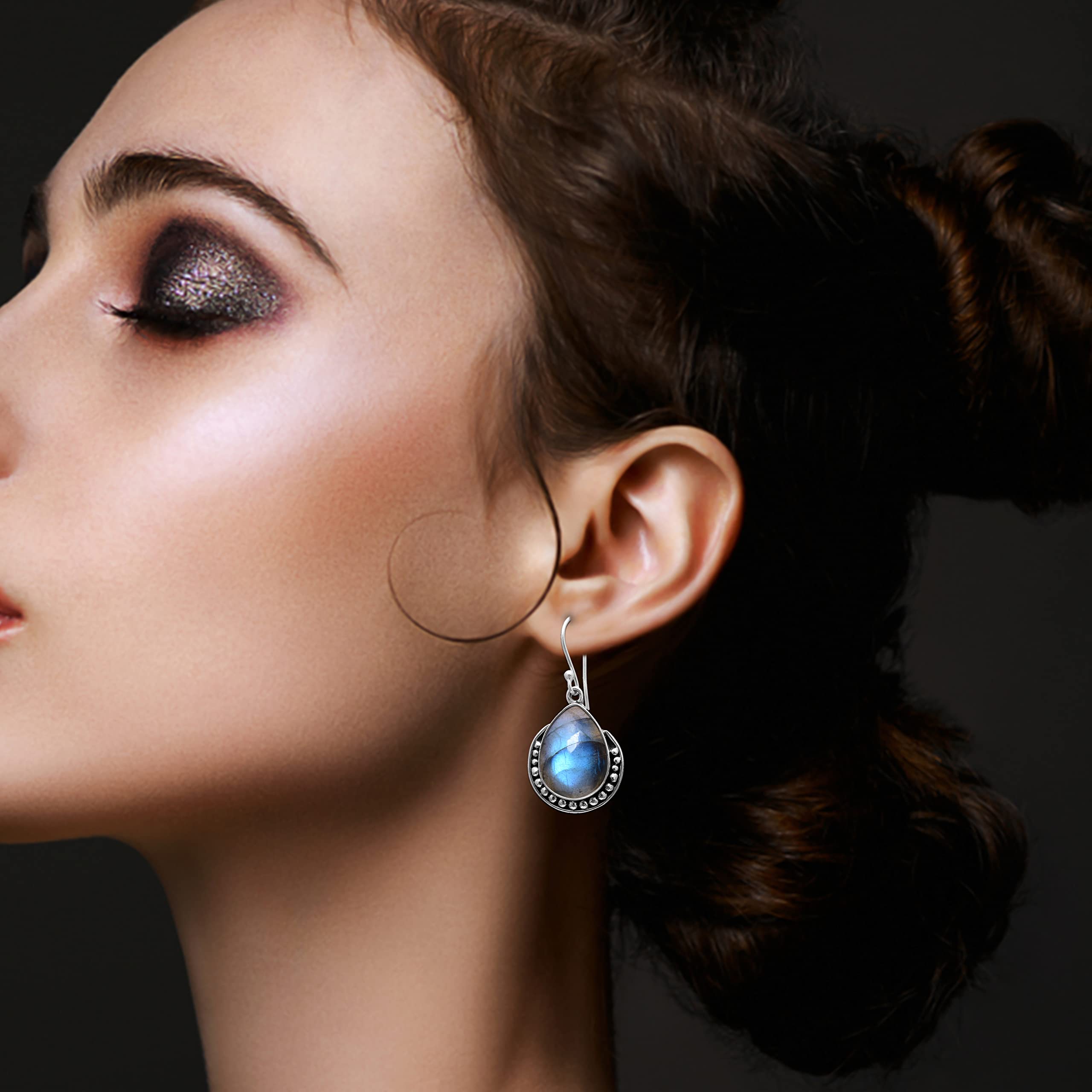 Labradorite Earrings for Women - 925 Sterling Silver Blue Green Gemstone Jewelry | Handmade Dangle Earrings with Labradorite Stone | Perfect for Gift, Wedding & Evening Wear (VSE-442)