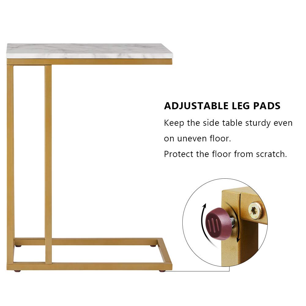 Modern Gold C-Shape Side End Table with Faux Marble Tray - Sturdy Metal Frame Snack Table, Laptop Stand & Coffee Holder - Compact Living Room, Bedroom, Office Furniture (1 Piece)