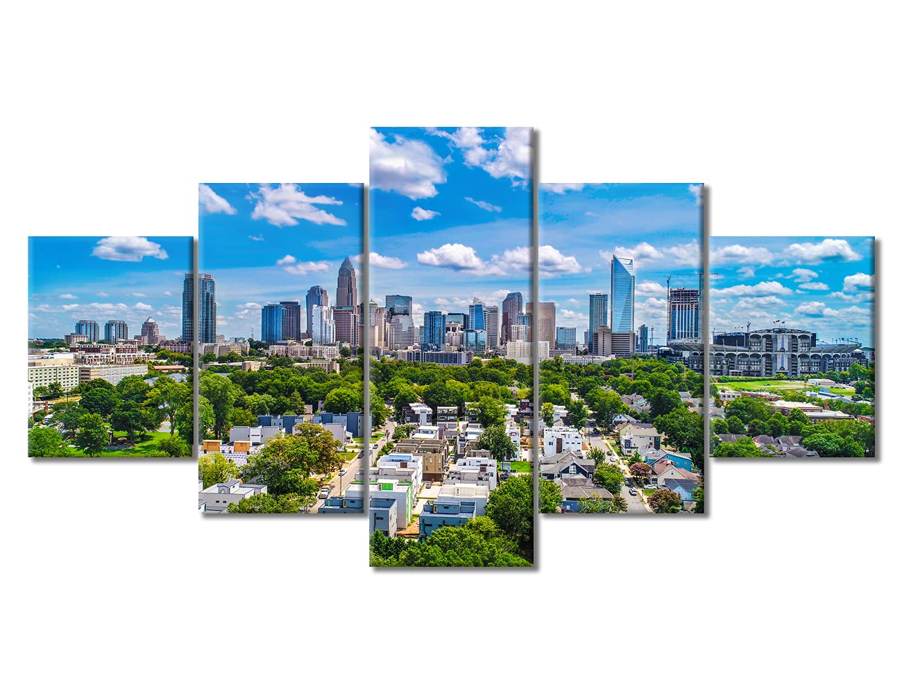 TUMOVO 5-Panel Canvas Wall Art - Charlotte North Carolina Cityscape Skyline Painting, Modern Home Decor for Living Room, Stretched & Framed Ready to Hang (60