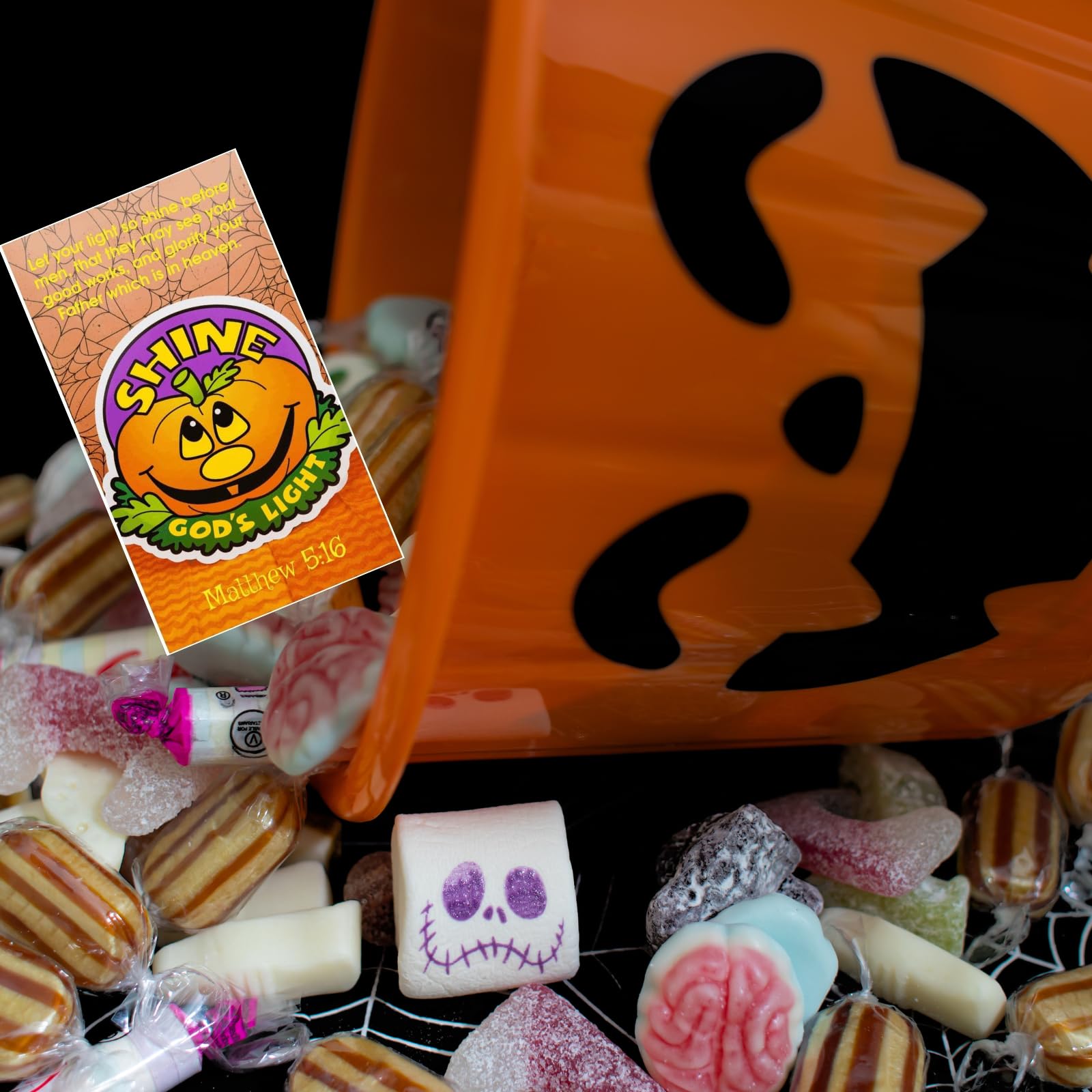 Biblebanz Orange 'Let Your Light Shine' Halloween Pumpkin Pocket Cards - Bulk Pack of 100 for Trunk or Treat, Sunday School Handouts & Christian Religious Bookmarks - Perfect for Church Events, Bible Study Gifts & Fall Festival Giveaways