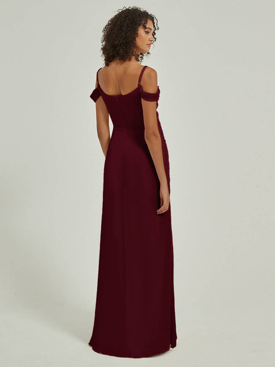 Elegant Burgundy Cowl Neck Straps Side Slit Silk Satin Convertible Bridesmaid Dress - Perfect for Weddings, Parties & Formal Events