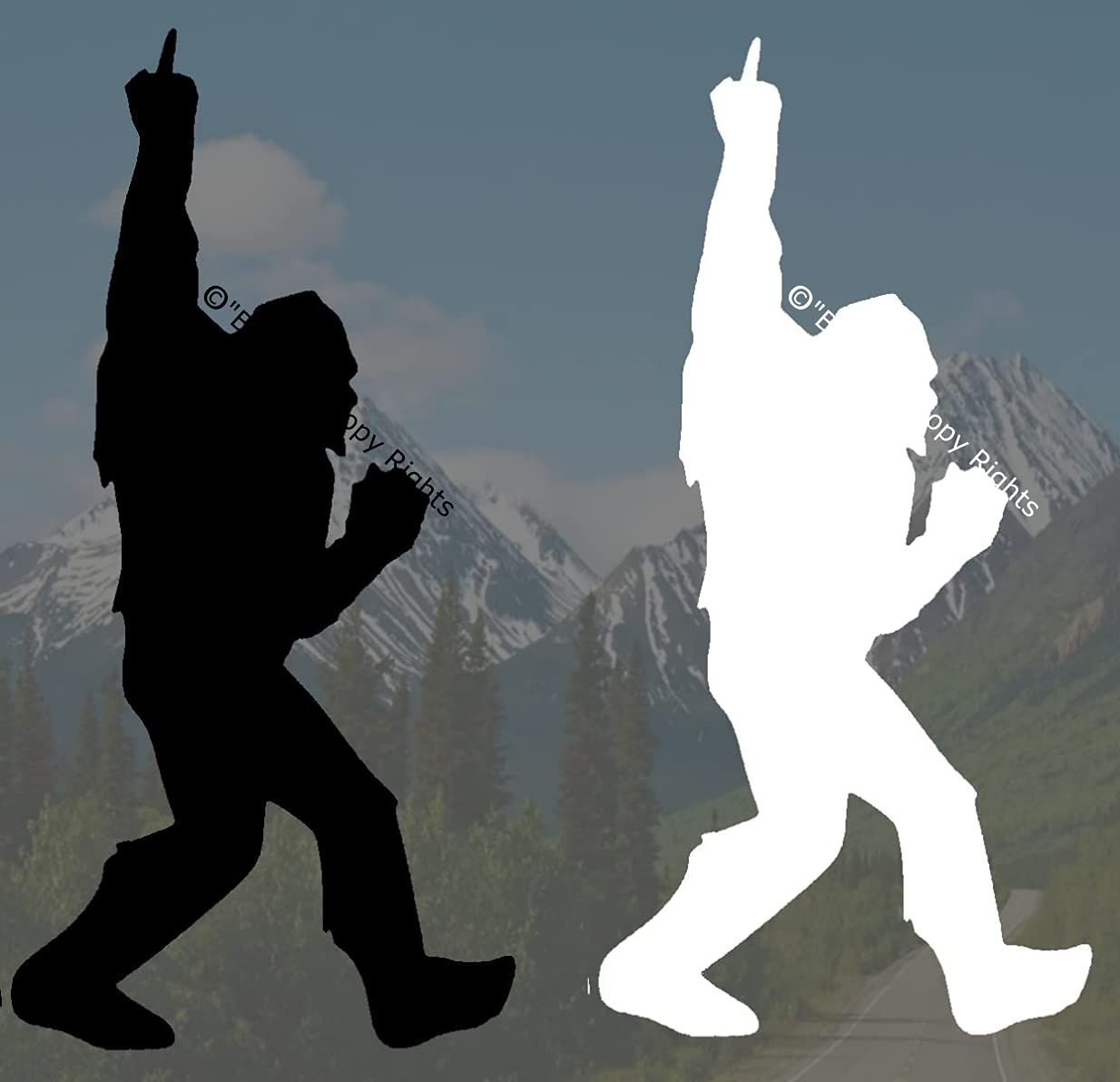 (2 Pack) Bigfoot Middle Finger Vinyl Decal Sticker - 6 Inches Tall - Funny Sasquatch Car Sticker for Trucks, Vans, Jeeps, Laptops, Water Bottles - (1 White & 1 Black) - Perfect for Outdoor Enthusiasts & Prank Lovers