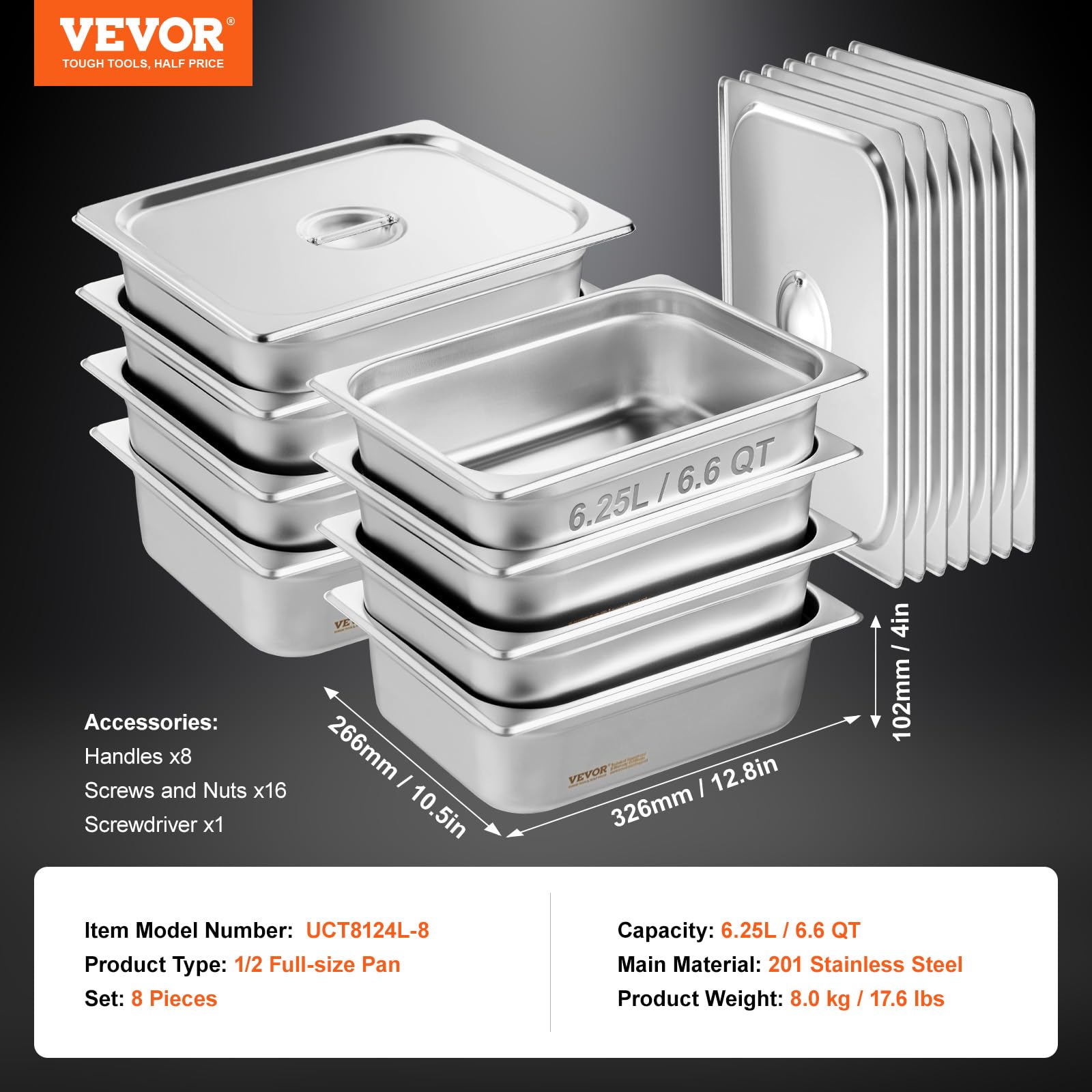 VEVOR 8 Pack Stainless Steel 1/2 Size Hotel Pans with Lids - 0.8mm Thick Commercial Food Pans, 4-Inch Deep Anti-Jam Steam Table Pans for Catering, Buffet, Restaurant & Food Service Storage - Perfect for Commercial Kitchens, Cafeterias, and Catering Businesses