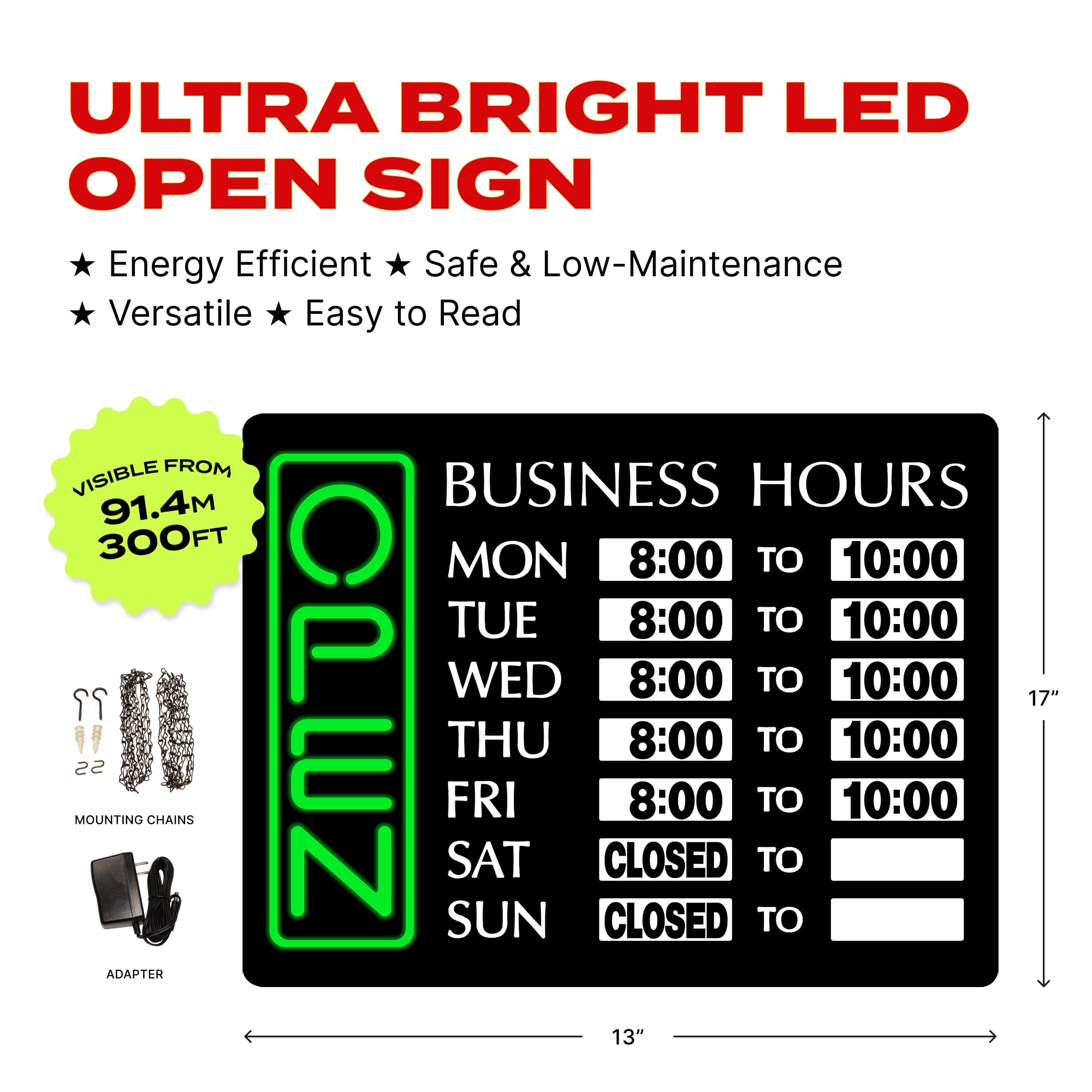 Newon 17x13 Inch Horizontal LED Open Sign - Ultra Bright Business Neon Light with Easy-Change Hours, Slim Profile Design for Restaurants, Bars & Retail Stores - Perfect for Storefront Windows, Nighttime Visibility & Attracting Customers