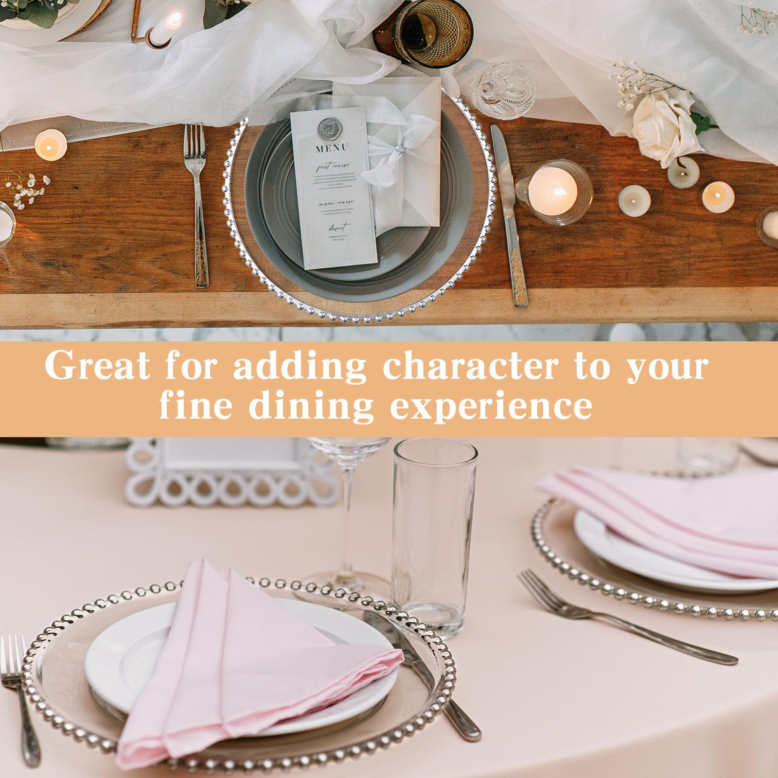 Hoolerry 50 Pack 13 Inch Clear Plastic Charger Plates - Round Beaded Acrylic Frosted Grain Decorative Dinner Plates for Wedding, Party, Event - Bulk Disposable Tableware for Home Kitchen & Tabletop (Silver) | Elegant Place Settings for Formal Dining & Special Occasions