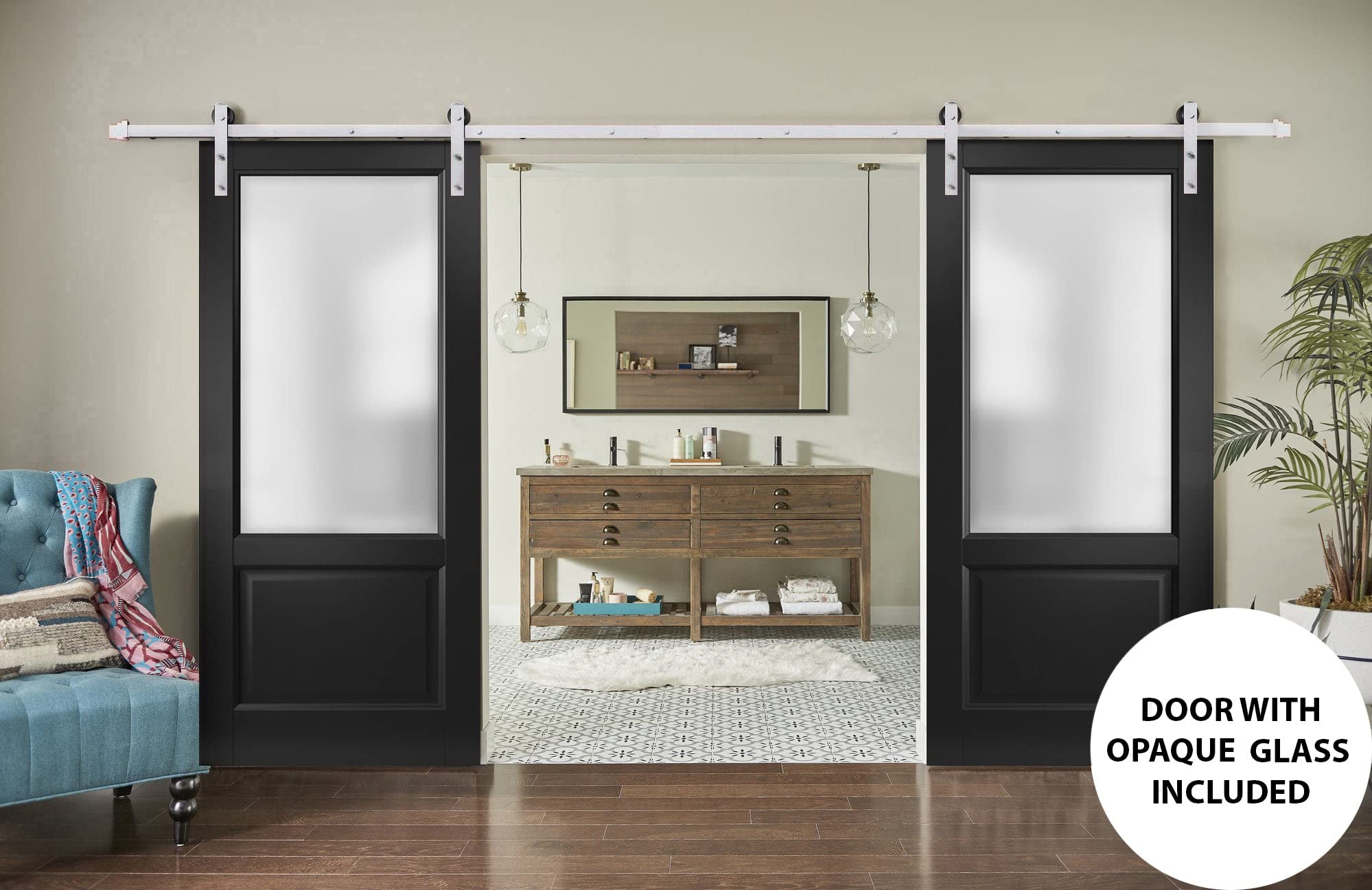 Lucia 22 Matte Black Frosted Glass Double Barn Door 60x96 Inches - Heavy Duty Stainless Steel 13FT Rail Hangers - Solid Panel Interior Doors for Bedroom, Closet & Farmhouse Style Homes