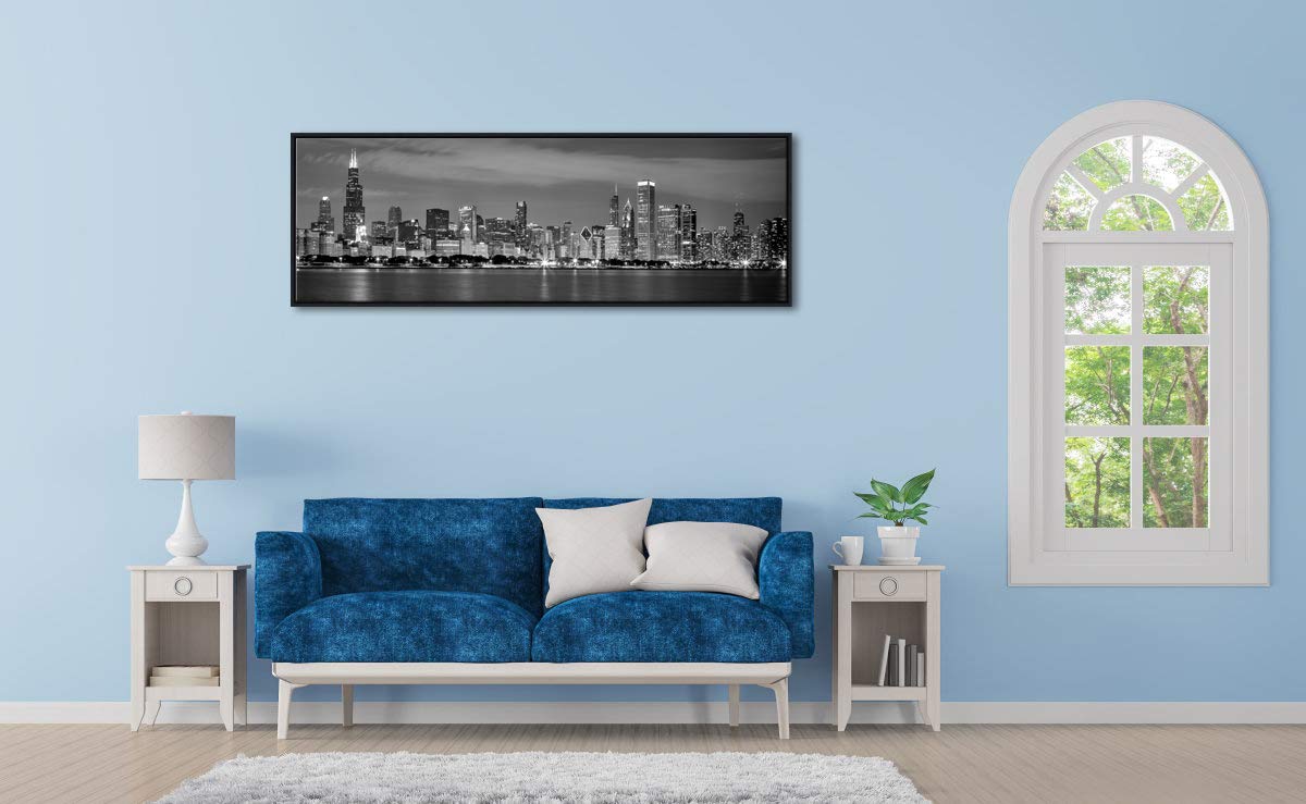 Wieco Art Framed Chicago City Skyline Black & White Canvas Print - Modern Cityscape Wall Decor for Living Room & Bedroom - Perfect for Home, Office & Gift Giving