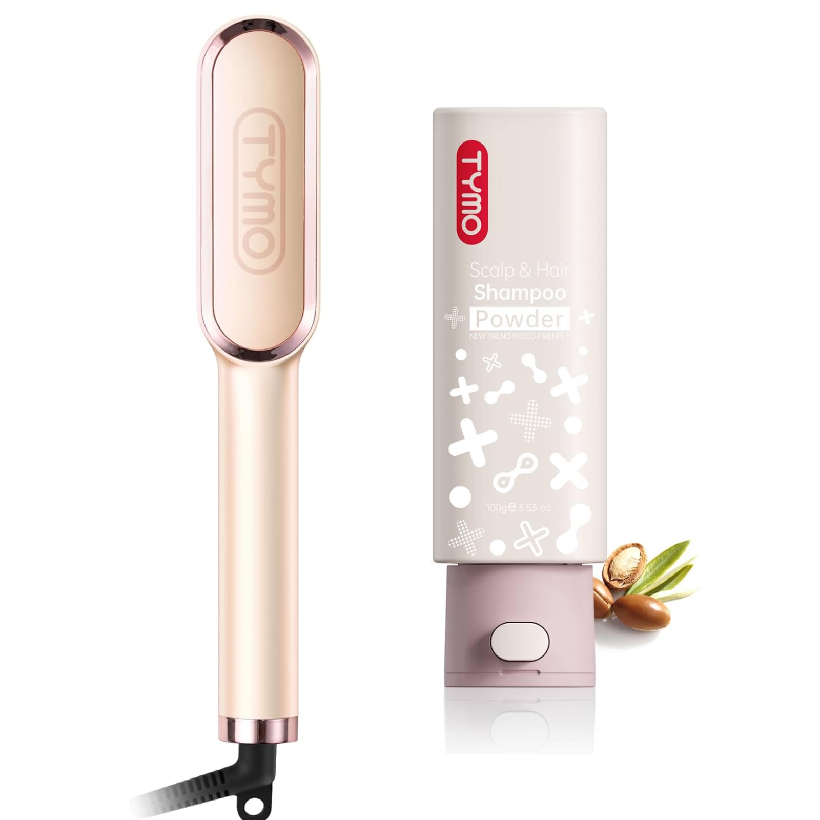 TYMO Nature Formula Clarifying Shampoo Powder & Hair Straightener Brush Combo - Volumizing & Smoothing Hair Care Set for Daily Styling & Detox