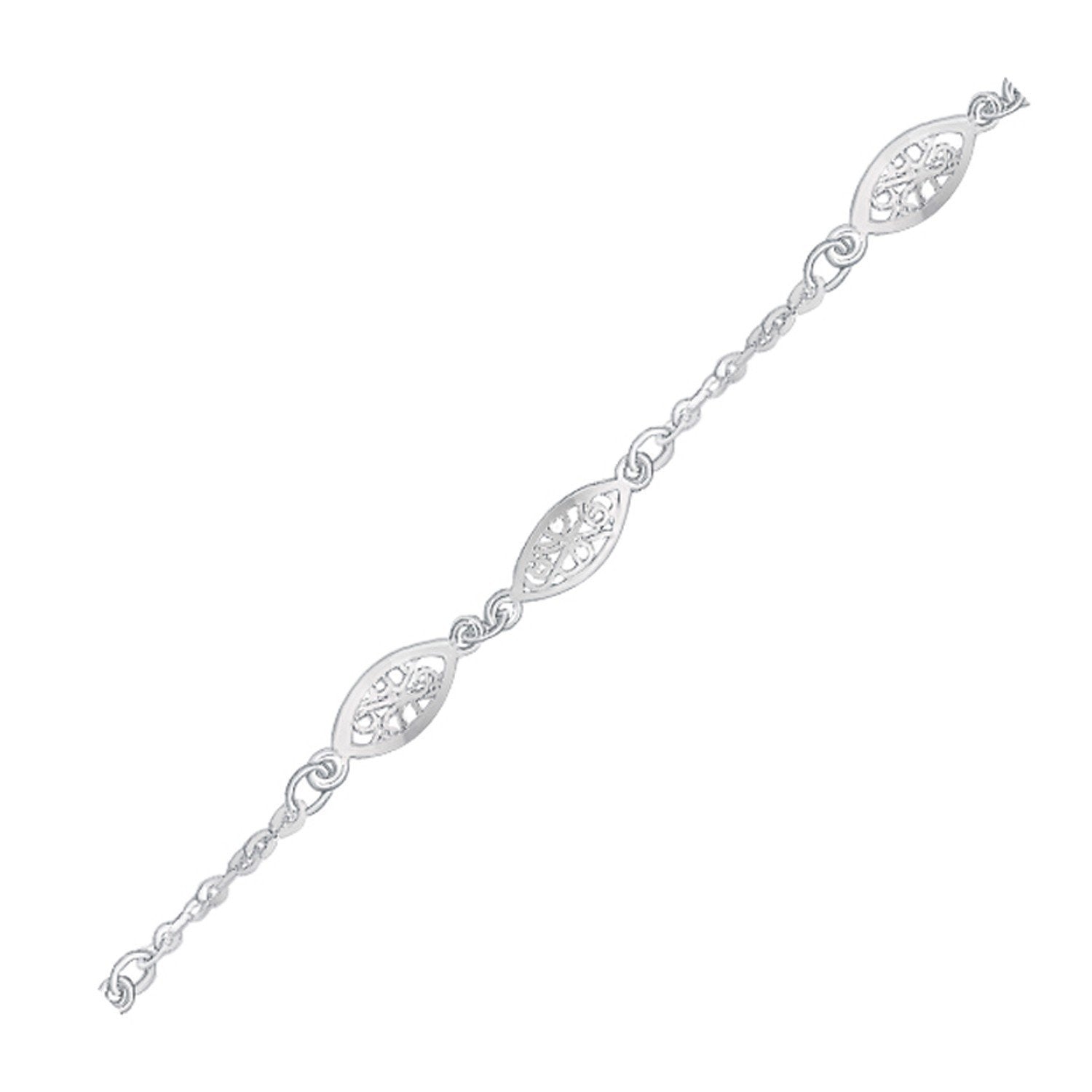 14K White Gold Filigree Marquise Stationed Anklet - 10 Inch Adjustable Ankle Bracelet for Women, Perfect for Weddings, Parties & Everyday Wear