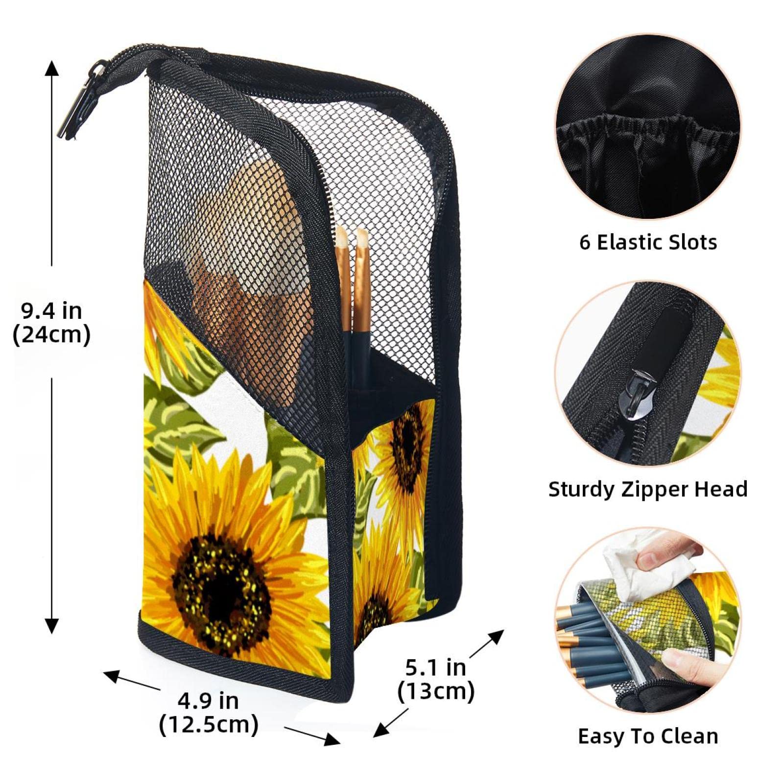 Floral Sunflower Makeup Brush Organizer Bag with 12 Brushes - Portable Travel Cosmetic Brush Holder Case for Professional Makeup Artists & Home Vanity Storage