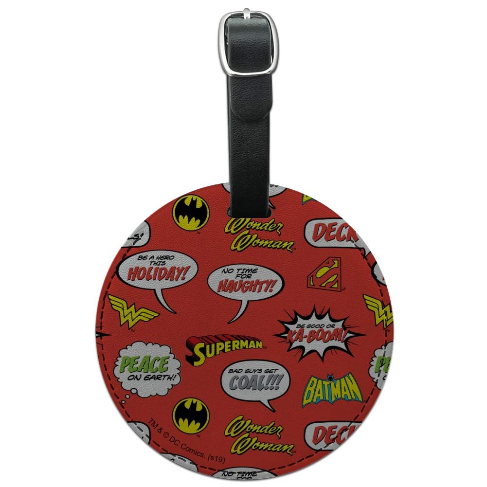 Justice League Superhero Speech Bubbles Pattern Round Leather Luggage Tag - Comic Book Inspired Travel ID Card Holder for Suitcases, Backpacks & Carry-On Bags