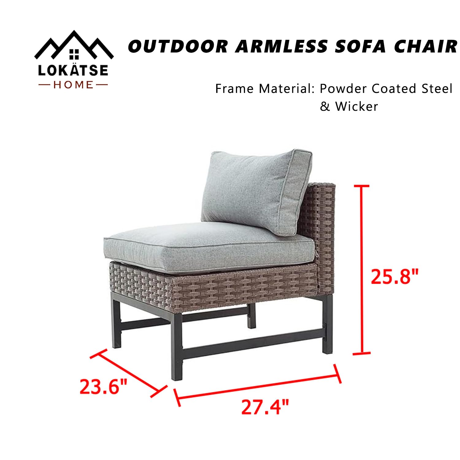 LOKATSE HOME Armless Wicker Patio Sofa Chair with Cushions & Metal Frame - Outdoor Furniture for Garden, Backyard, Poolside Relaxation - Brown (Perfect for Lounging, Sunbathing & Entertaining)