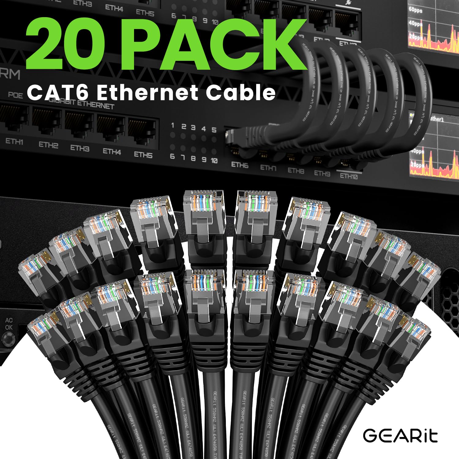 GearIT Cat 6 Ethernet Cable 20-Pack (25 Feet) - 10Gbps High-Speed Snagless RJ45 Network Patch Cord with Gold-Plated Connectors - for PC, Laptop, TV, Router, Gaming, Home Office & Data Center Networking - Black