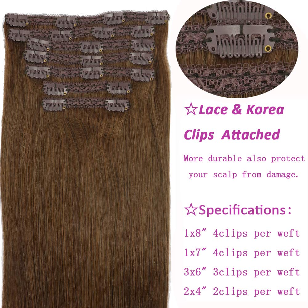 14 Inch Chocolate Brown #4 Real Human Hair Clip In Extensions - 100g Remy Hair, Silky Soft Straight, Double Wefted with Lace Back for Thick Ends | Perfect for Daily Wear, Parties & Special Occasions