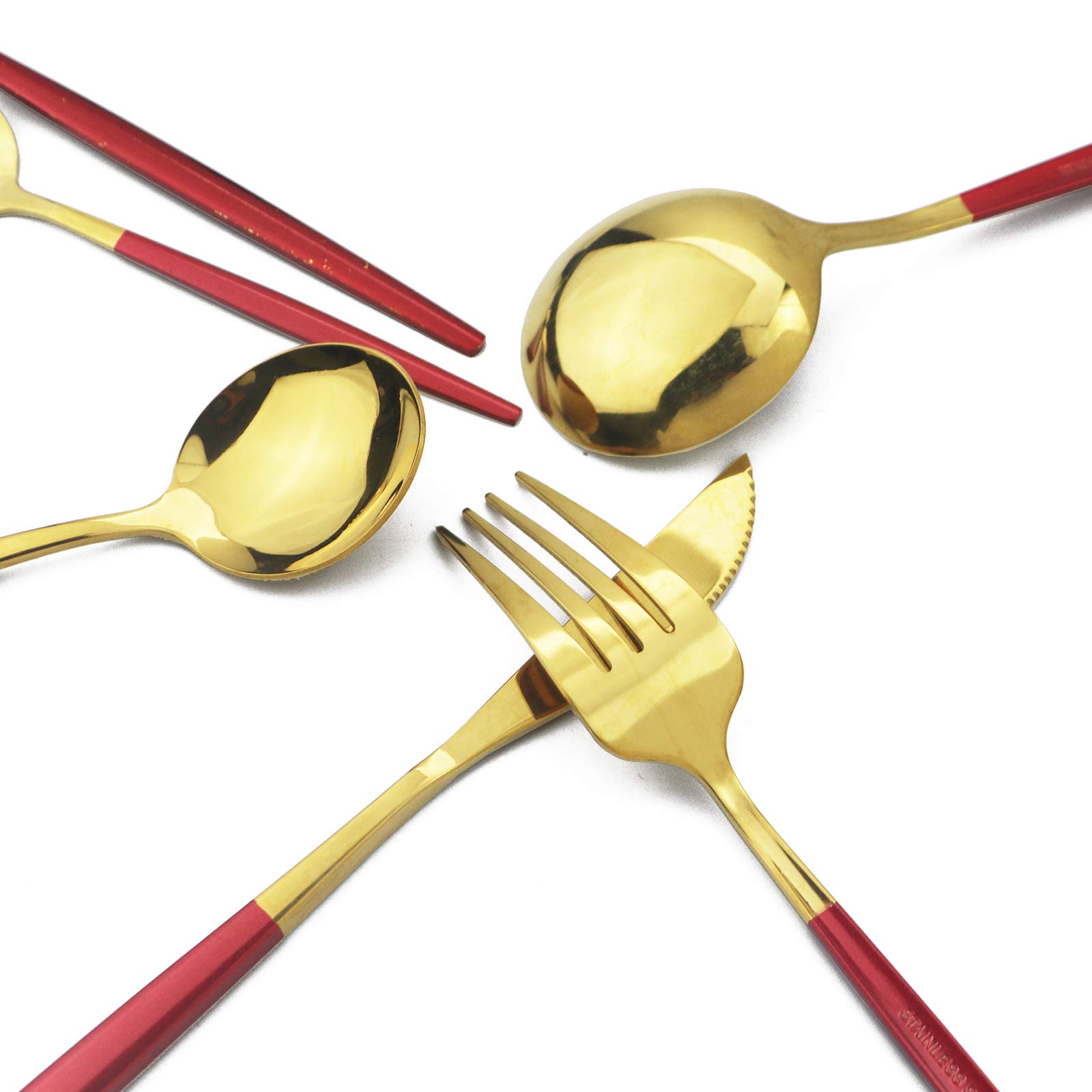 JASHII 32-Piece Stainless Steel Flatware Set - Silverware Cutlery with Cake Fork & Long Handle Spoons for 4, Elegant Tableware (Red & Gold) - Dishwasher Safe - Perfect for Dinner Parties, Weddings & Fine Dining