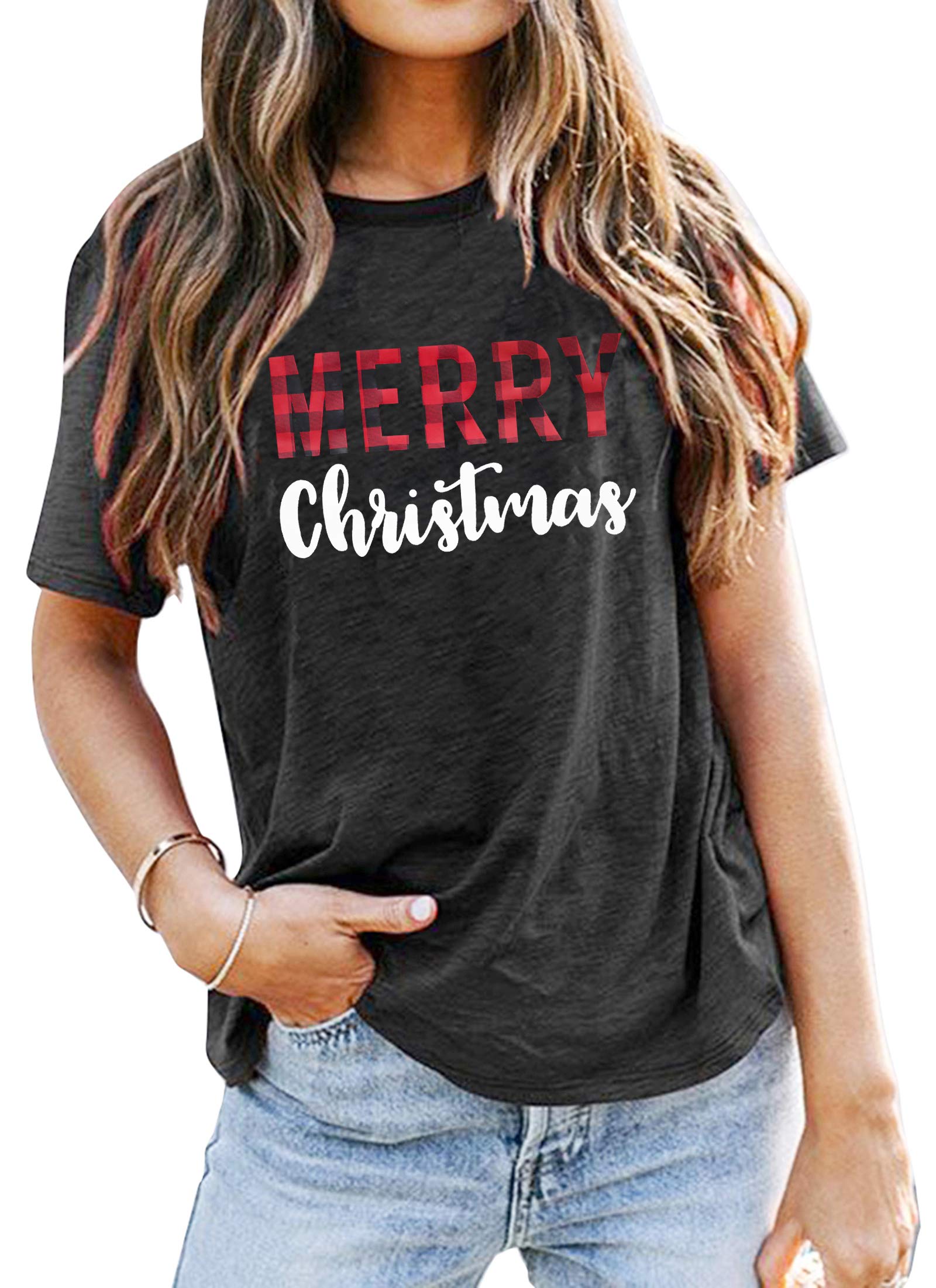 Women's Buffalo Plaid Christmas T-Shirt - Holiday Letter Print Tee Top for Xmas Party & Family Gatherings