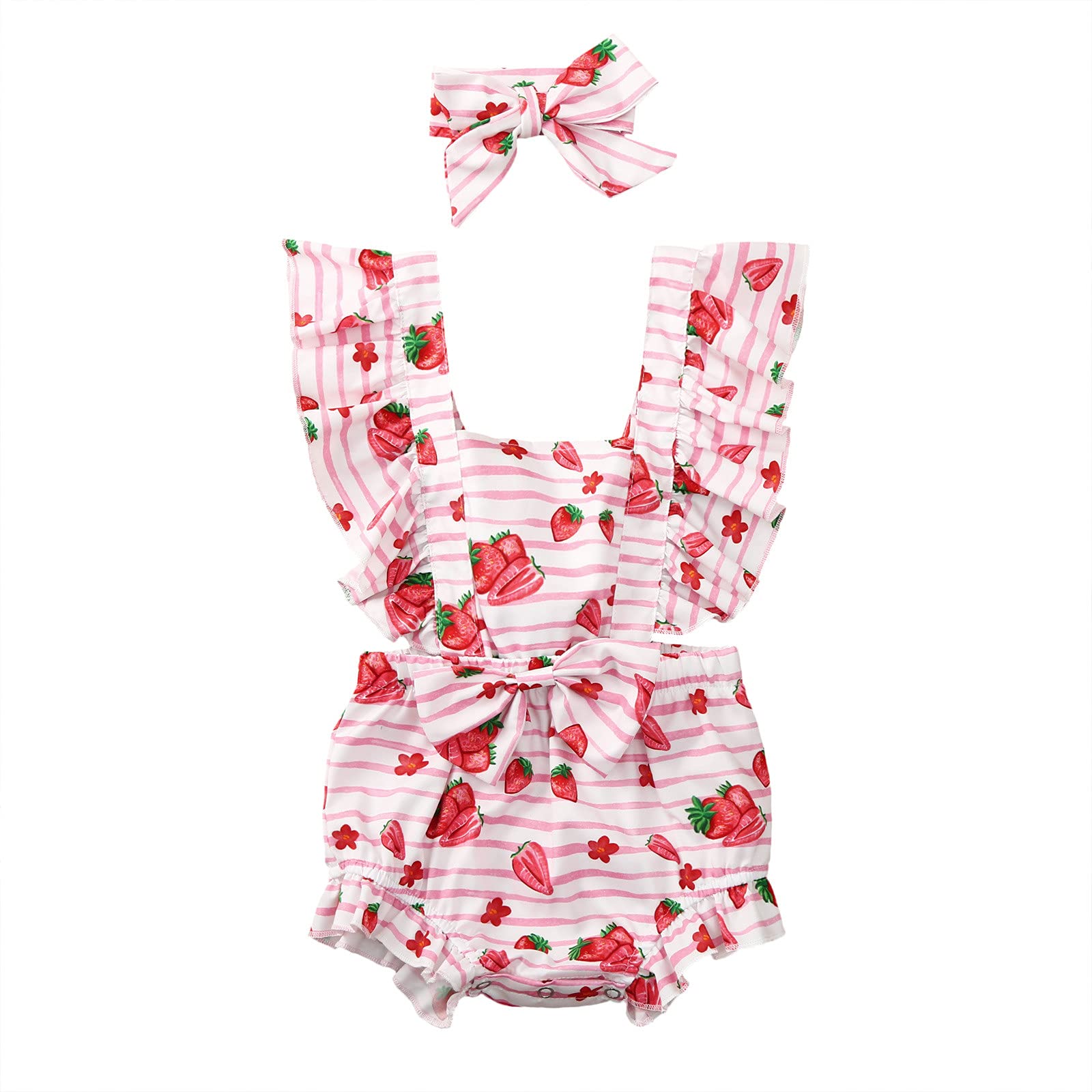 Egbsmy Newborn Ruffle Long Sleeve Jumpsuit - Baby Girls' Strawberry Striped Romper with Fly Sleeves & Headband Set | Perfect for Photoshoots, Parties & Everyday Outfits