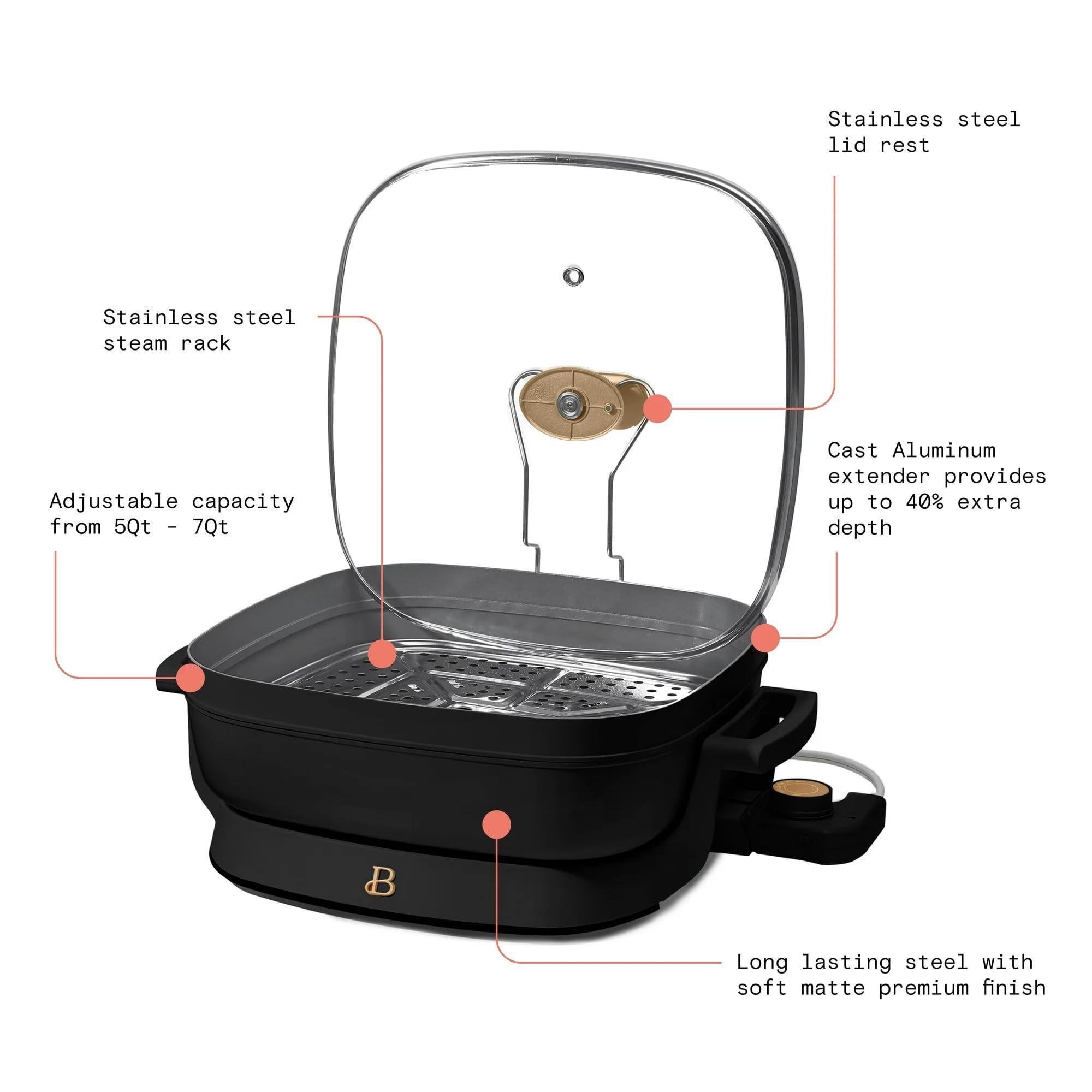5-in-1 Electric Skillet with Glass Lid - Expandable to 7 Qt, Nonstick Ceramic Cookware, Black Sesame Color by Drew Barrymore - Perfect for Frying, Sautéing, Steaming, Slow Cooking & More in Small Kitchens