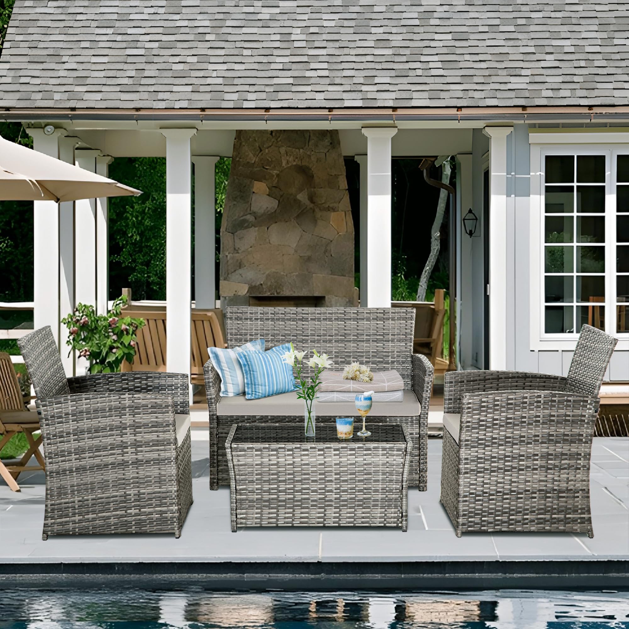 4-Piece Outdoor Patio Furniture Set - Wicker Rattan Sectional Sofa with Coffee Table & Cushions - Gray Conversation Set for Backyard, Porch, Garden, Poolside - Perfect for Relaxing & Entertaining Guests