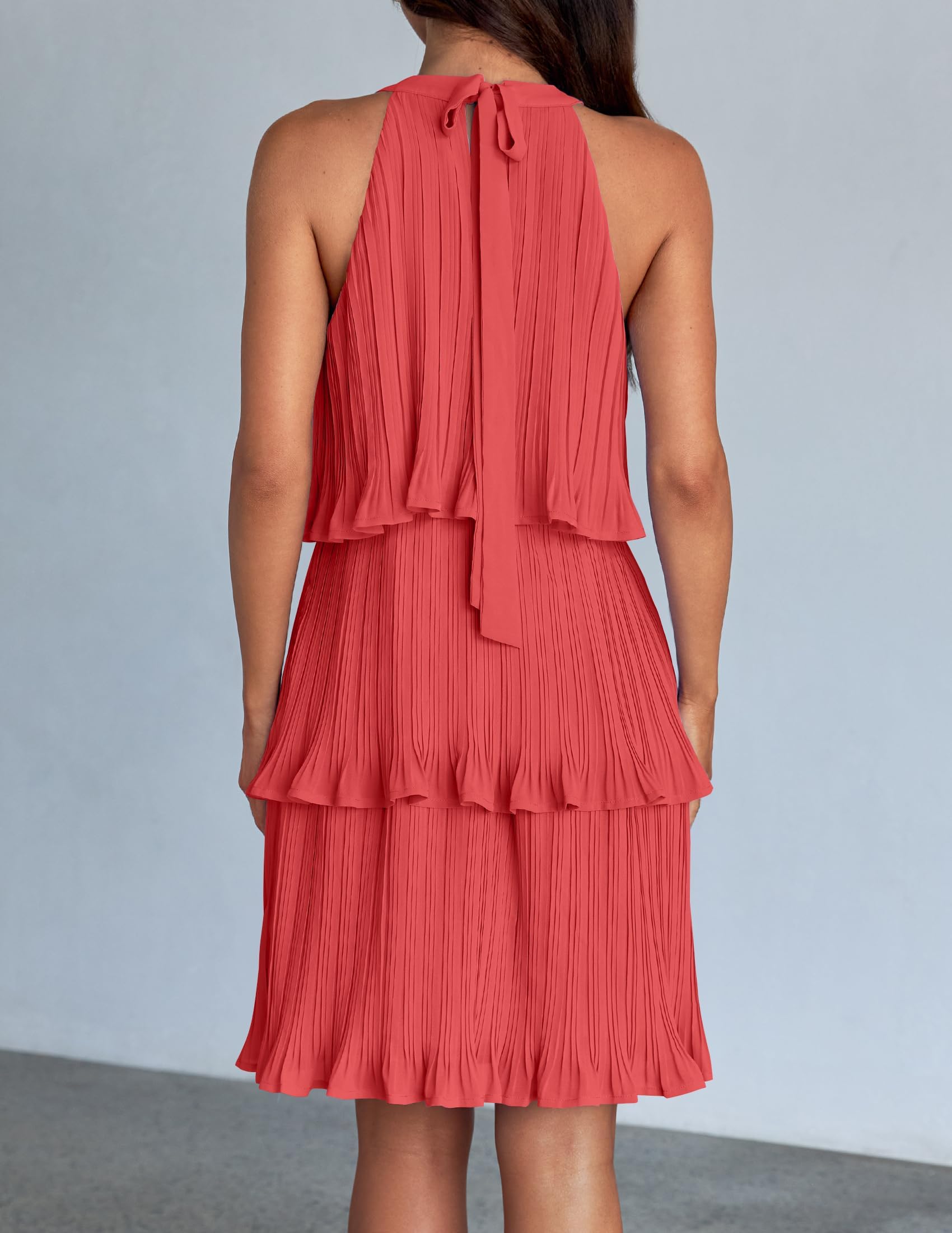 ZESICA Women's 2025 Summer Halter Dress - Sleeveless Ruffle Tiered Chiffon Pleated A-Line Swing Mini Dress for Beach, Vacation & Party Wear