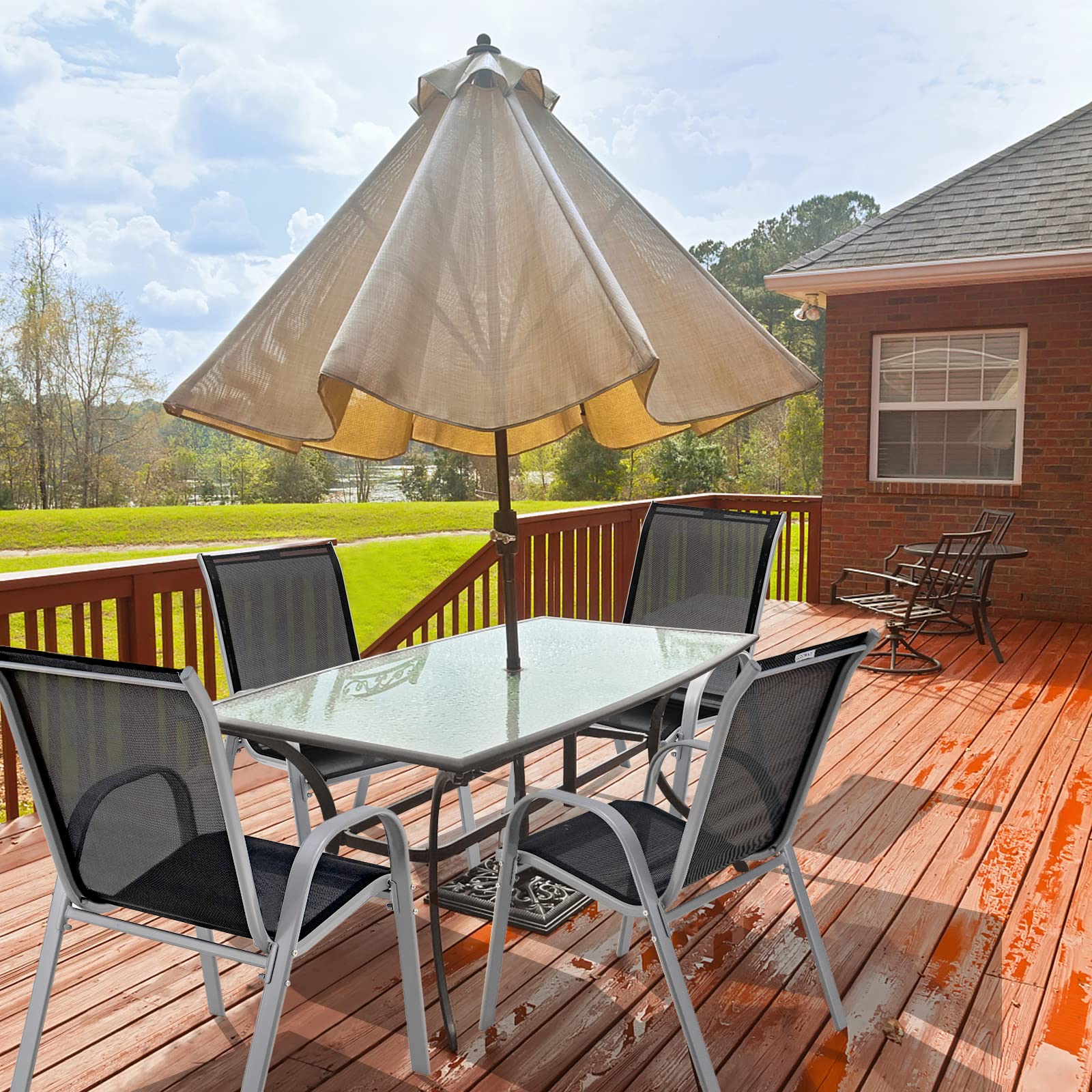 Tangkula 4-Piece Stackable Outdoor Dining Chairs Set - Heavy Duty Steel Frame Patio Armchairs for Backyard, Lawn & Poolside - Weather Resistant Gray Outdoor Furniture (Perfect for BBQs, Garden Parties & Pool Relaxation)
