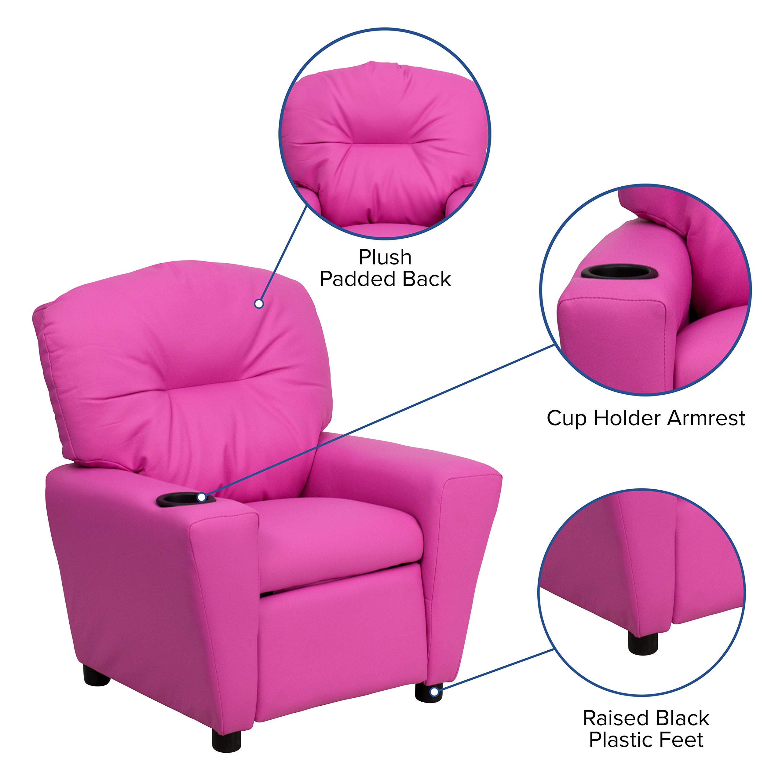 EMMA + OLIVER Hot Pink Vinyl Kids Recliner with Cup Holder - Comfortable Children's Chair for Playroom, Bedroom, or TV Watching - Perfect Gift for Toddlers and Kids