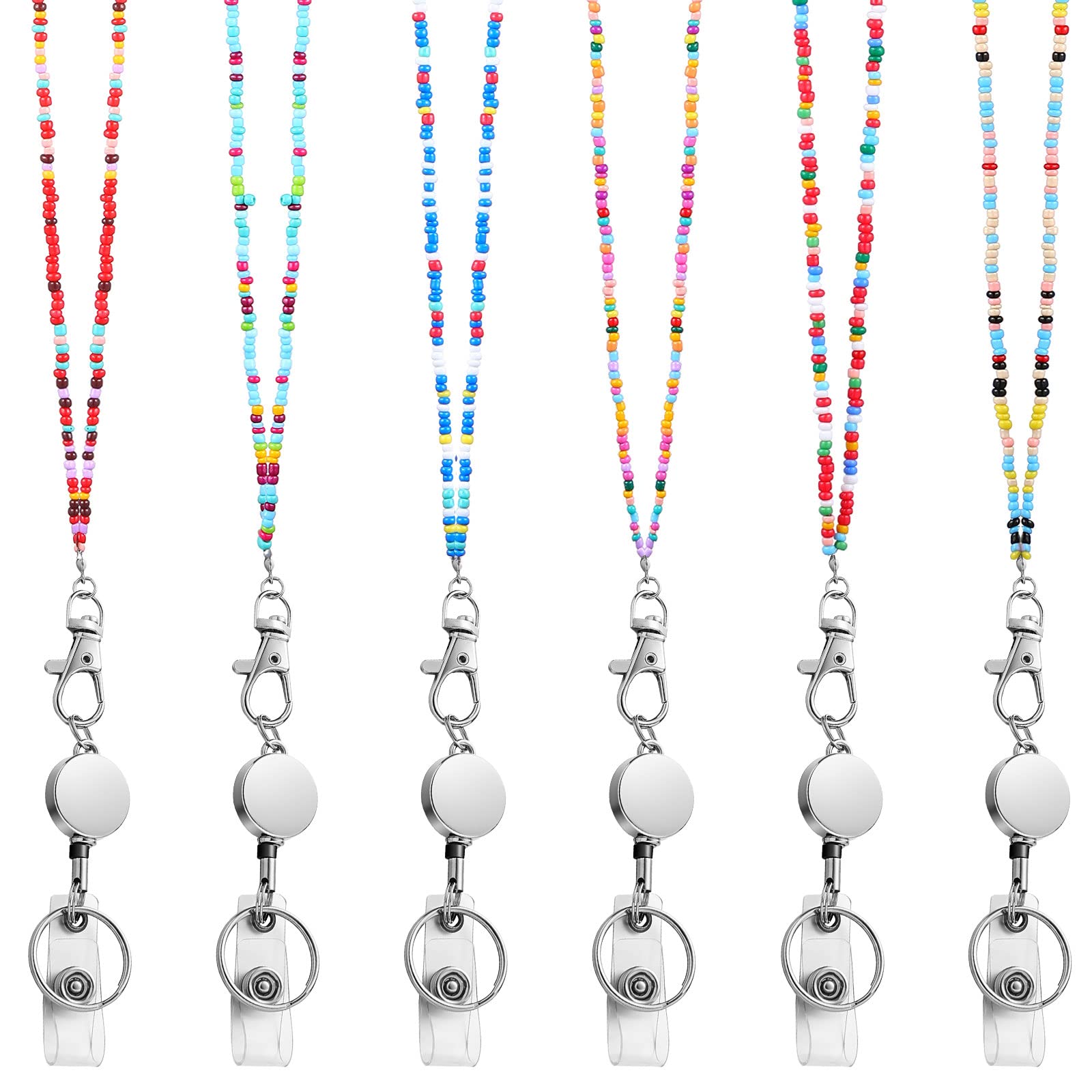 6 Sets Bohemian Seed Bead Necklaces with Retractable Badge Reel & ID Holder - Stylish Beaded Lanyard for Women, Teachers, Nurses - Perfect for Work, Conferences, and Everyday Use
