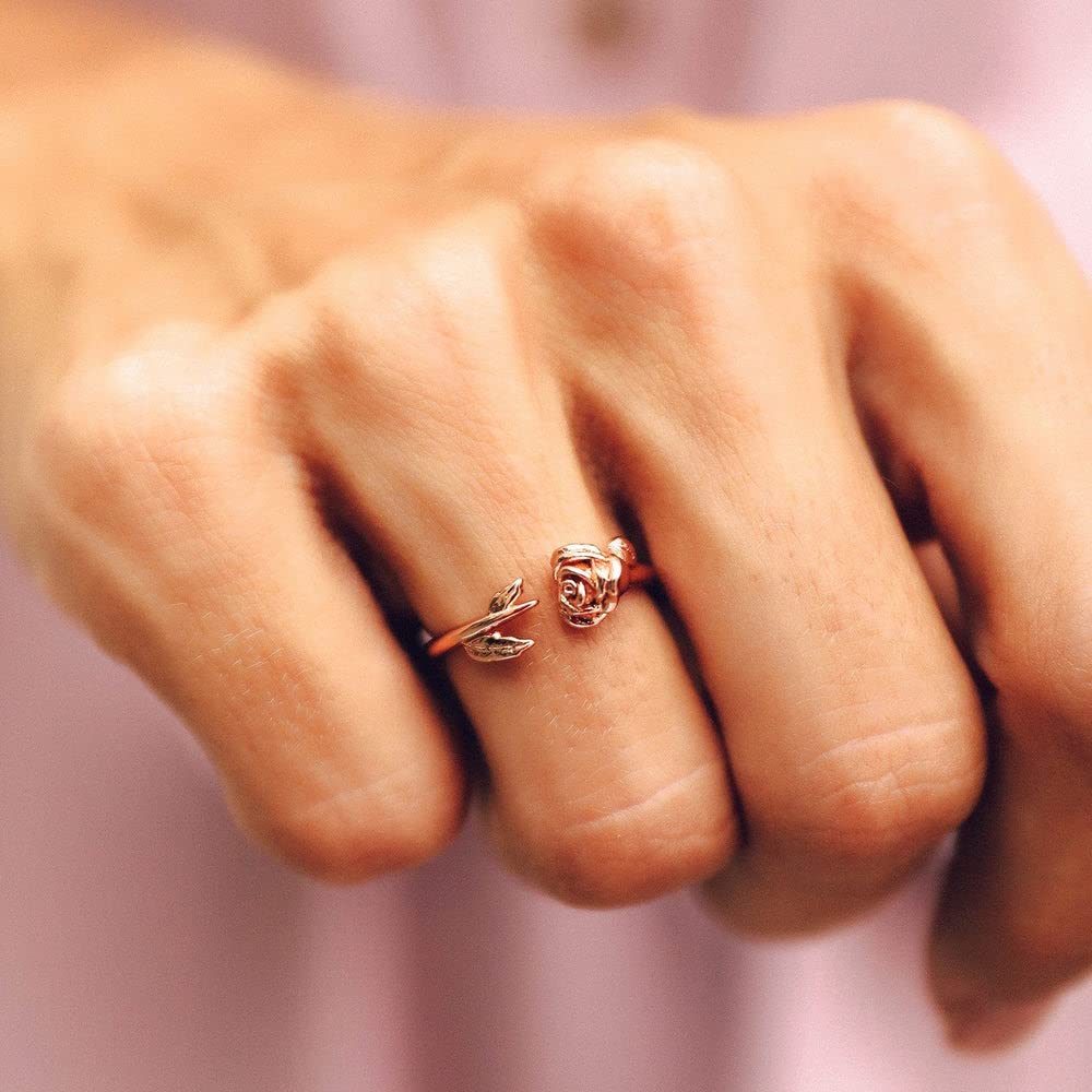 Pura Vida Rose Gold-Plated Disney Belle Rose Open Ring with Rosebud Charm - Brass Base - Size 5-9 - Perfect for Disney Fans, Cosplay & Everyday Wear