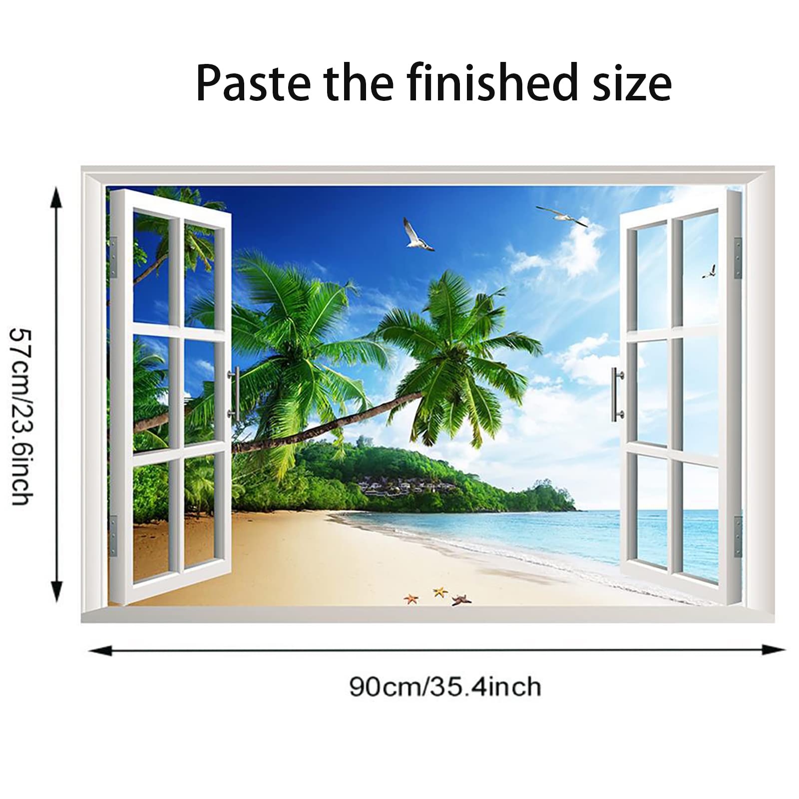 Removable Tropical Beach Fake Window Wall Stickers - Palm Tree Faux Window Decals for Living Room, Kitchen, Office & Boys Room Decor | Perfect for Home, Office & Party Background Wall Decoration