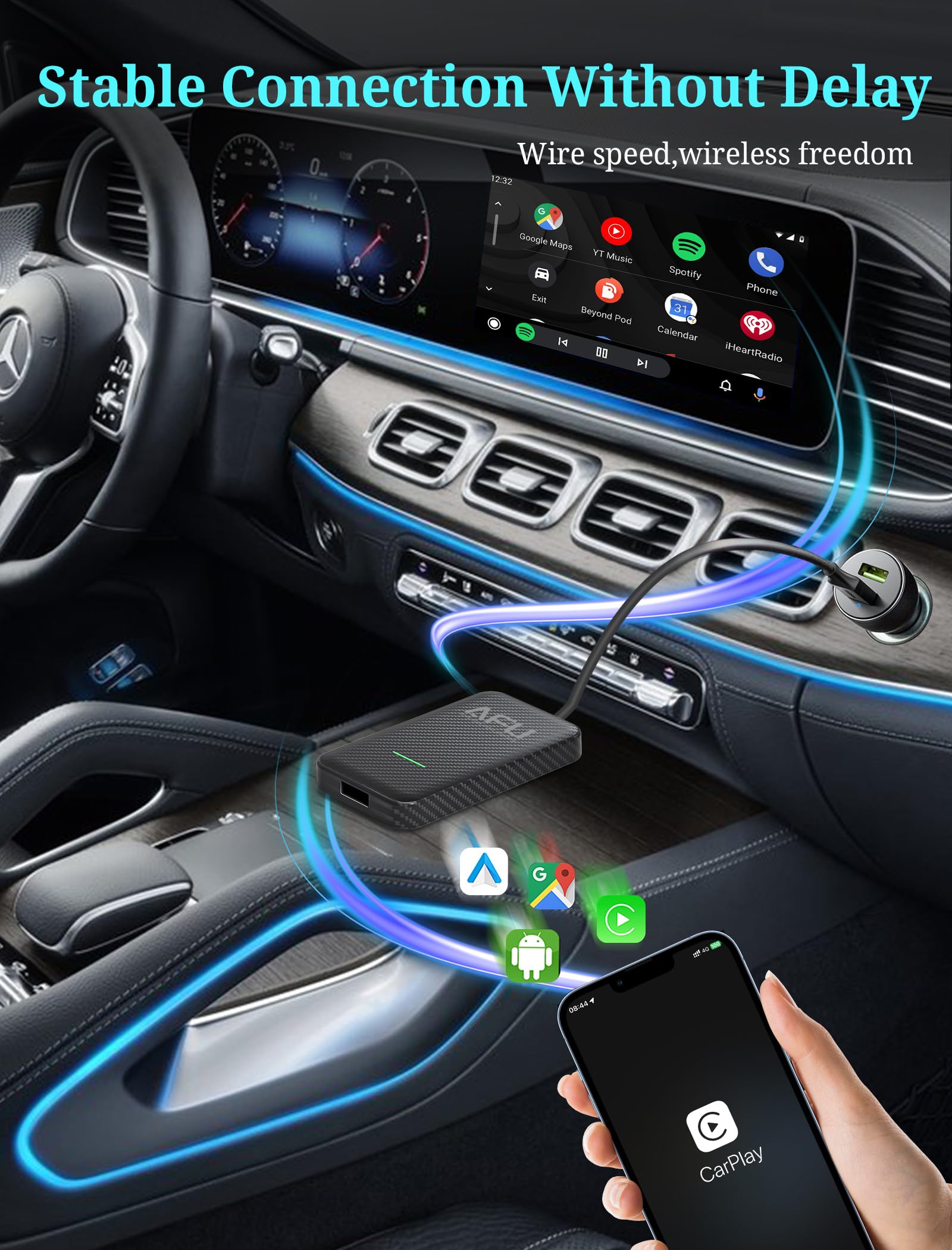 Wireless CarPlay Adapter for iPhone - Convert Wired to Wireless CarPlay, Plug & Play with Fast Stable Bluetooth Connection, USB-A & USB-C CarPlay Dongle - Perfect for Commuting, Road Trips & Hands-Free Driving
