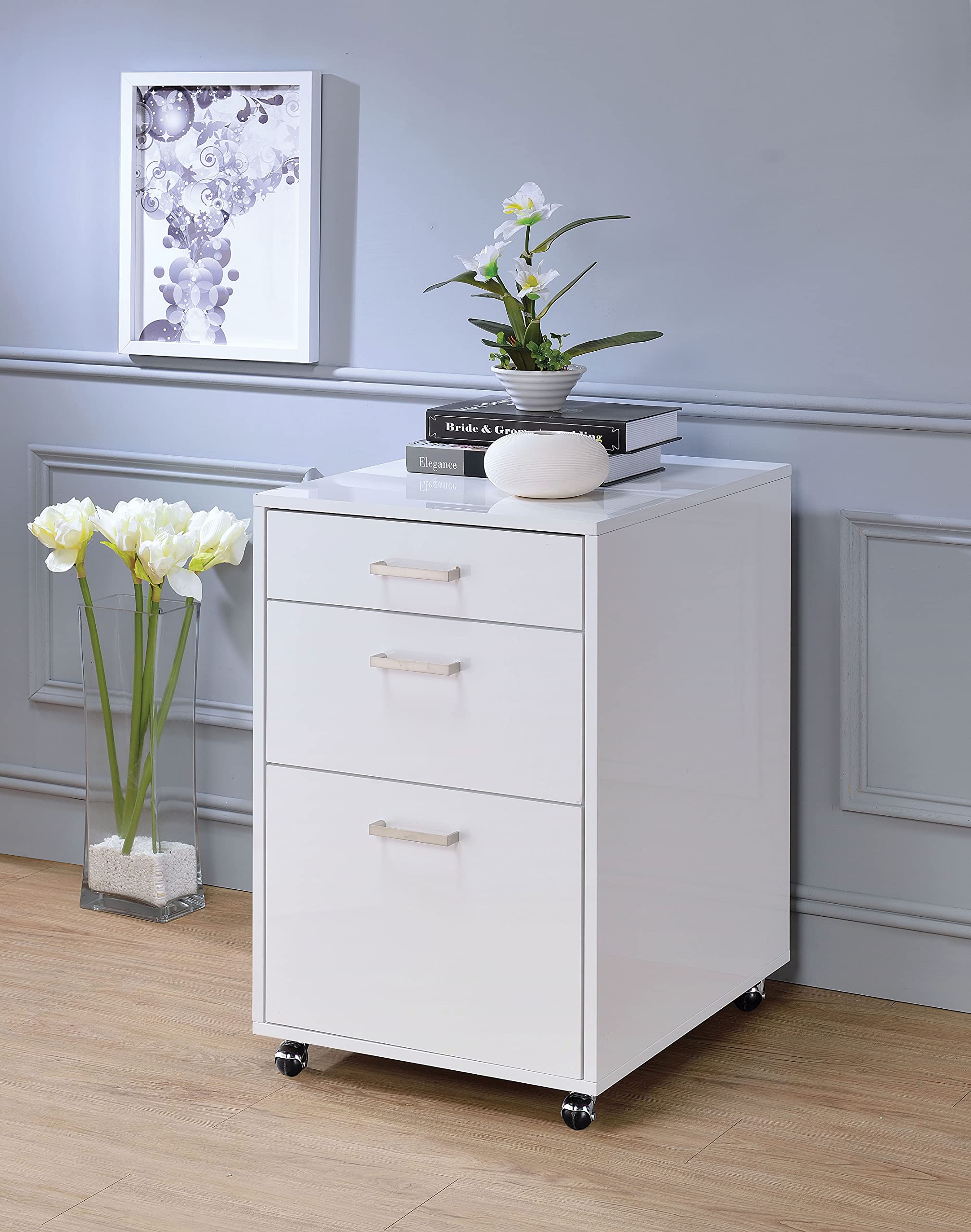 3-Drawer Rolling File Cabinet - White Wooden Mobile Storage Organizer for Home Office, Bedroom & Living Room | Compact Nightstand with Wheels for Easy Mobility | Perfect for Documents, Books & Bedside Storage