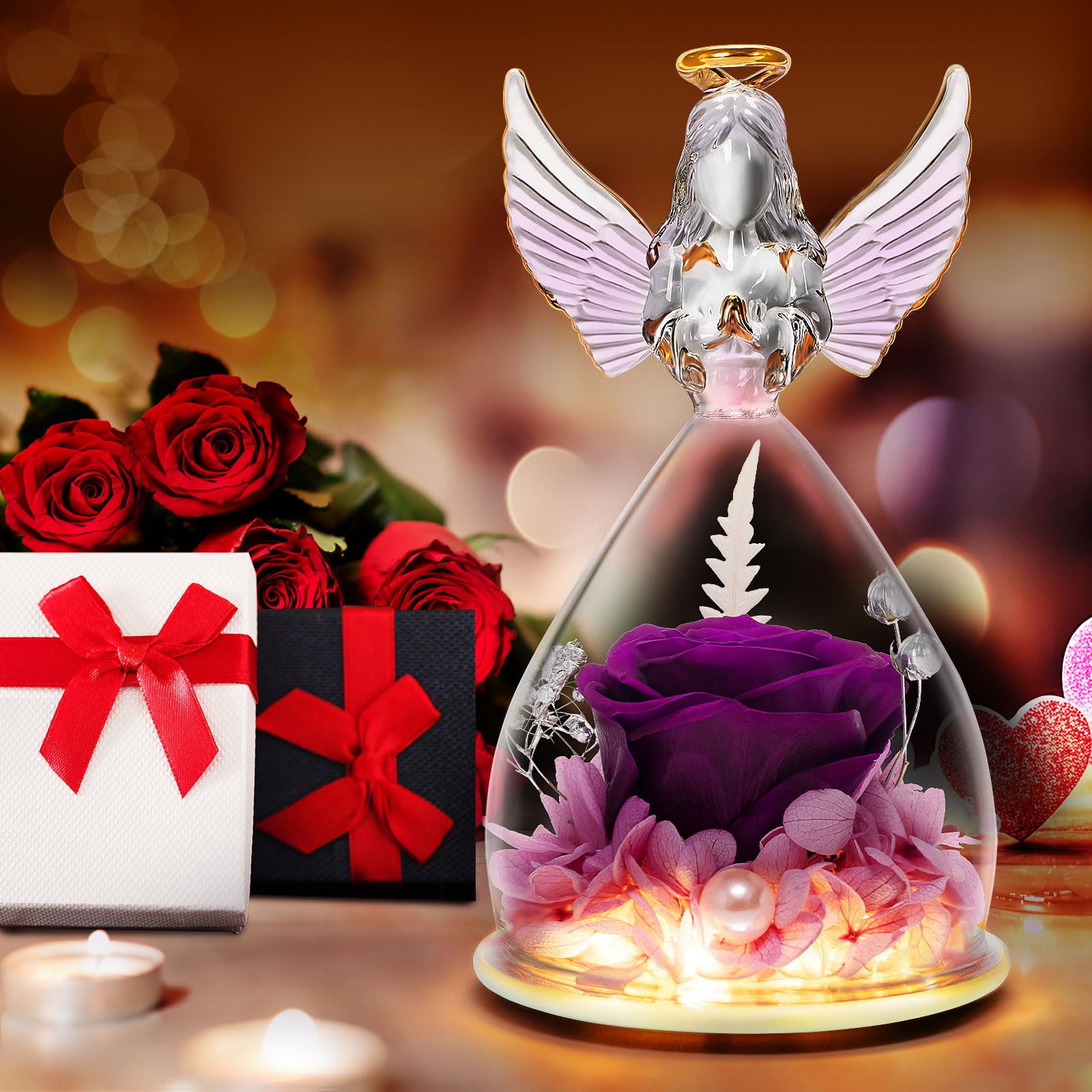 LURLIN Preserved Rose & LED Angel Figurine Gift Set - Birthday, Anniversary Present for Women, Mom, Grandma, Wife, Teacher, Nurse | Romantic Home Decor, Valentine's Day Gift, Wedding Table Centerpiece