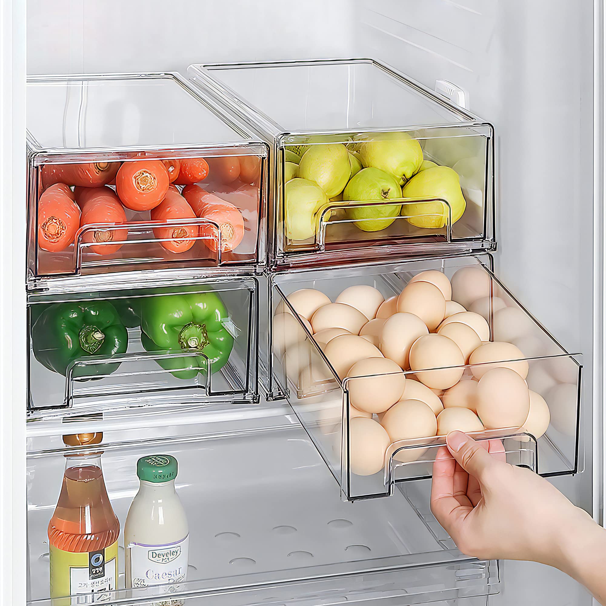 2-Pack Clear Stackable Refrigerator Drawer Organizers - Plastic Food Storage Bins for Kitchen, Pantry & Bathroom | Space-Saving Fridge & Closet Organizer Containers | Perfect for Meal Prep, Office Snacks & Home Organization (Large Size)