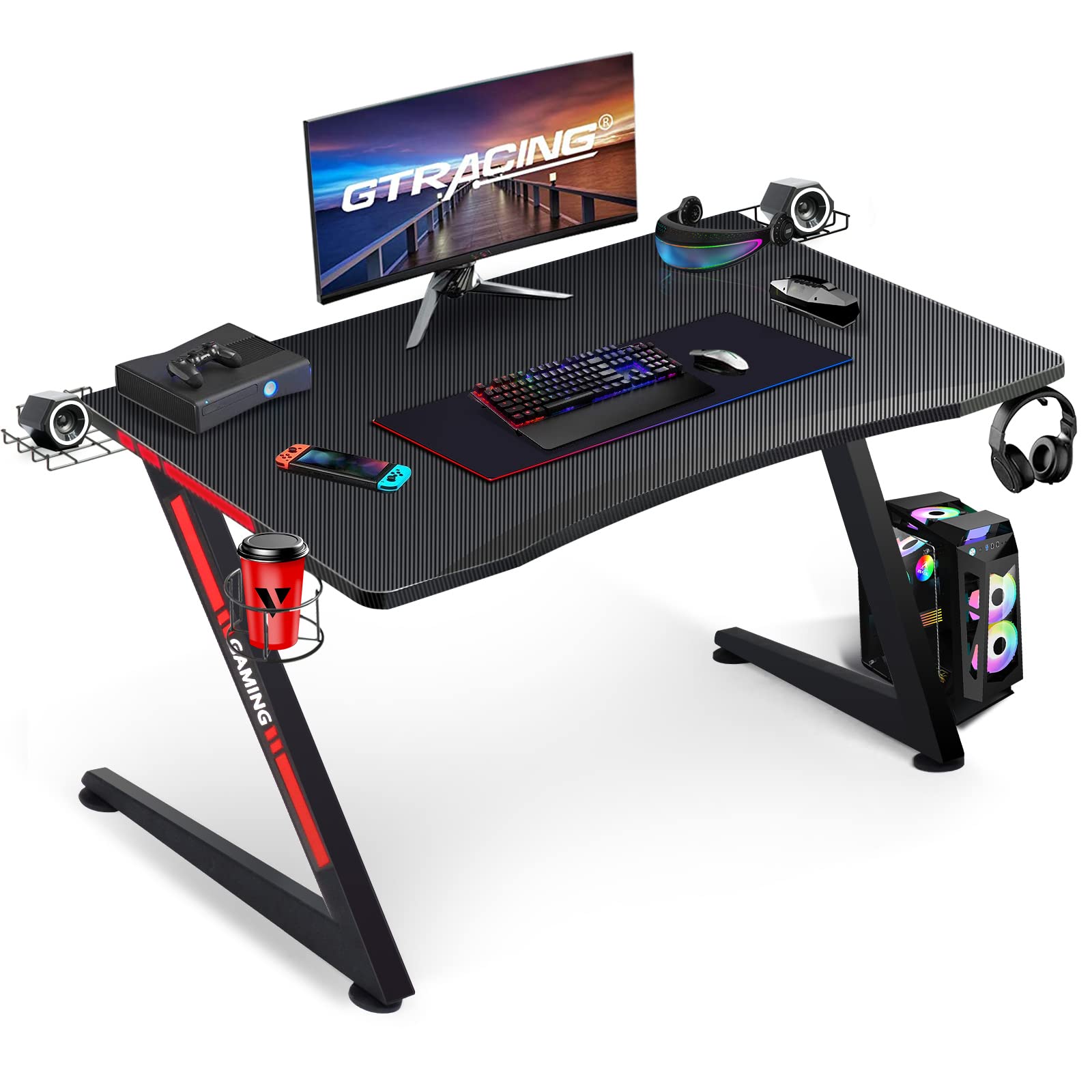 GTRACING Ergonomic Z-Shaped Gaming Desk with Carbon Fiber Surface - Includes Cup Holder, Speaker Stands & Headphone Hook (Black) - Perfect for PC Gaming Setup, Streaming & Home Office Workstation