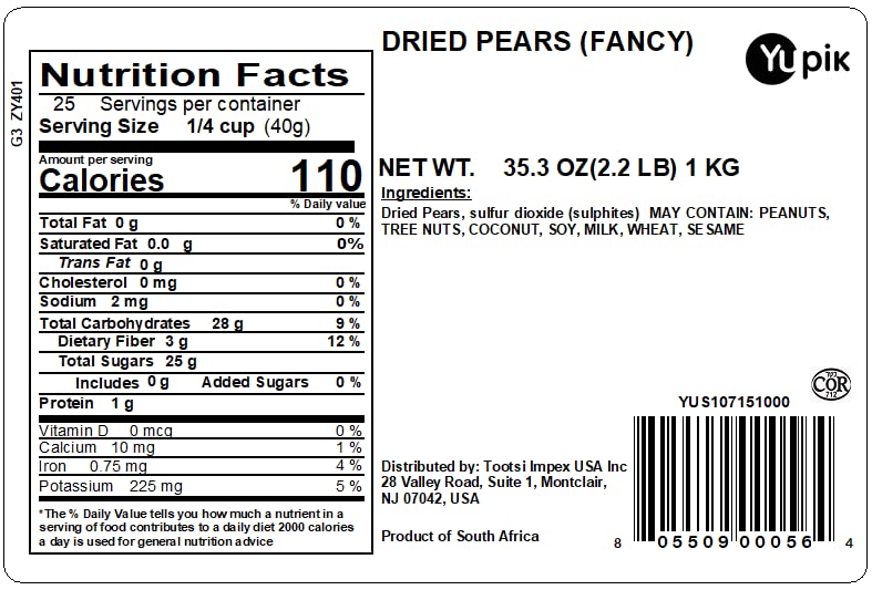 Yupik Dried Pears 2.2lb - Kosher Vegan Snacks for Baking & Topping