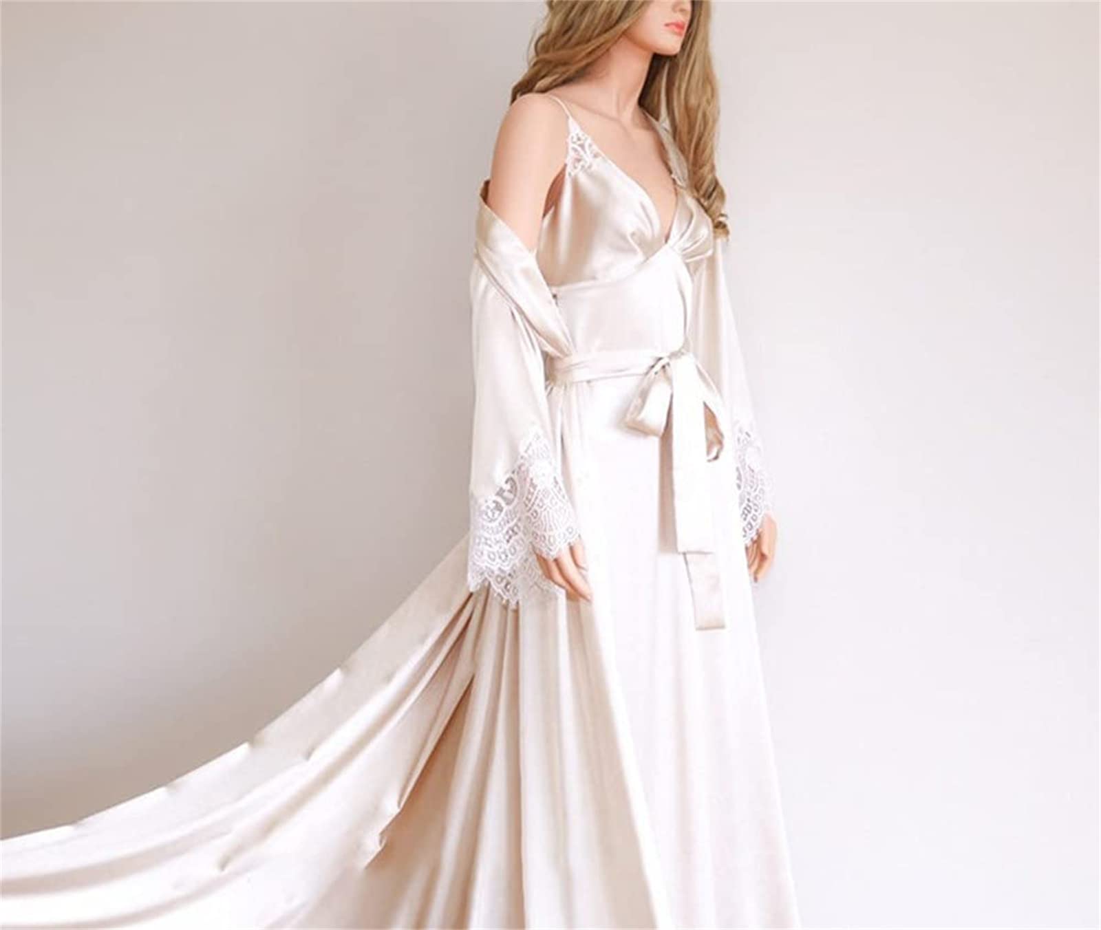 Sexy Satin Long Kimono Robe & Lace Pajama Set for Women - 2 Piece Sleepwear Nightgown for Bridal Party, Honeymoon & Boudoir Photography | Plus Size Available