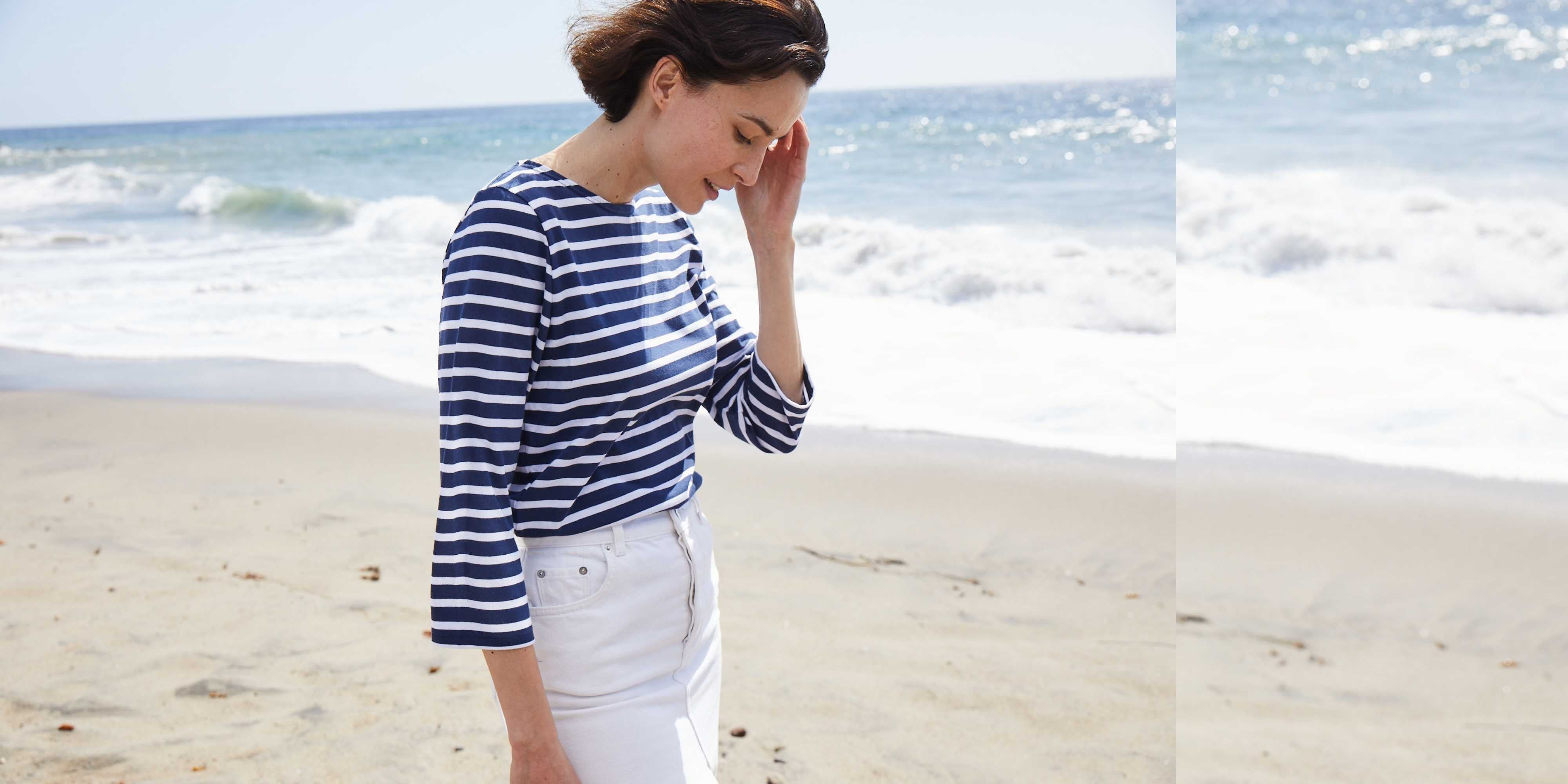 GALATHEE II Women's Breton Striped ¾ Sleeve Cotton Top - Soft & Comfortable Fit - Navy & White - Perfect for Casual Wear, Beach Outfits & Everyday Style