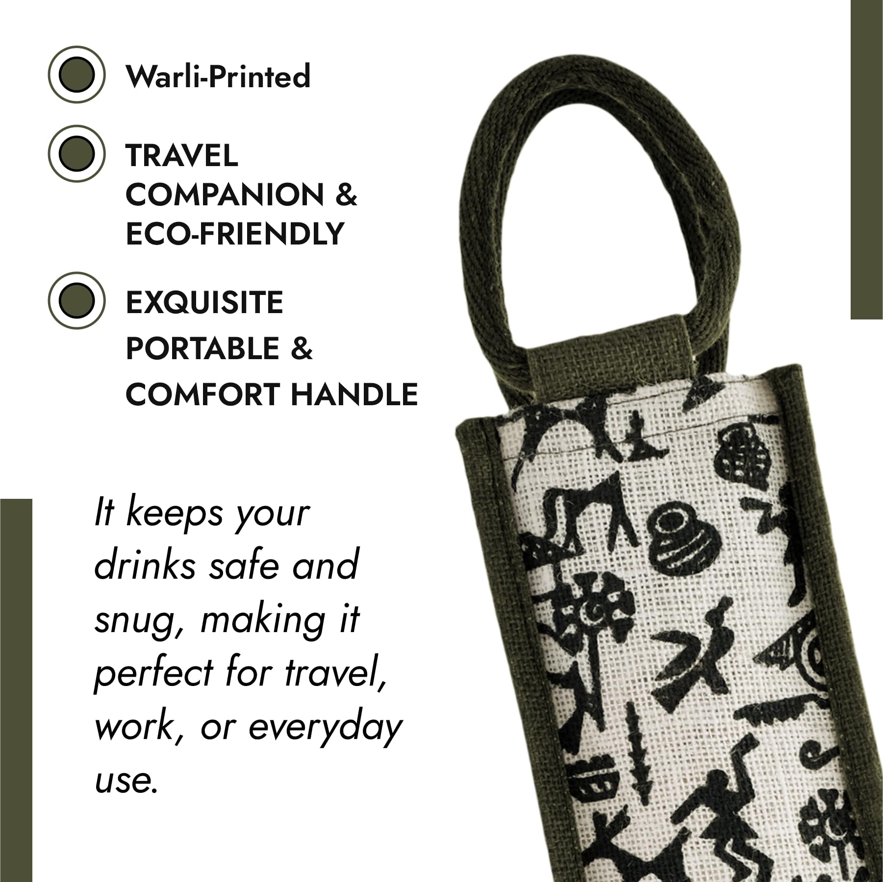 Kuber Industries Reusable Jute Bottle Bag with Handle - Eco-Friendly Water & Wine Bottle Cover for Office, Picnic, Travel - Warli-Print Gift Set of 3 (Multi-Color) | Perfect for Daily Commute, Outdoor Activities & Sustainable Gifting