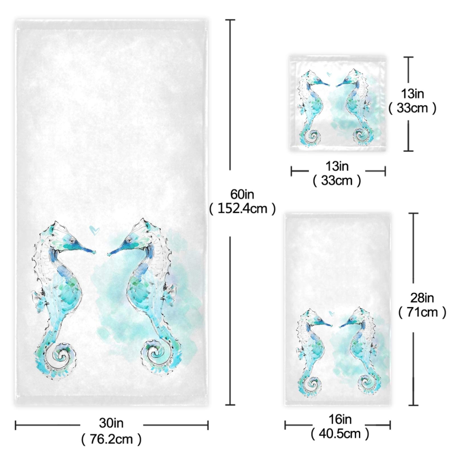 Cute Seahorse Luxury Bath Towel Set - 3 Piece Soft Decorative Towels (1 Bath, 1 Hand, 1 Washcloth) for Bathroom, Hotel, Gym, Spa & Kitchen | Perfect for Beach House Decor, Guest Bathrooms & Spa Days
