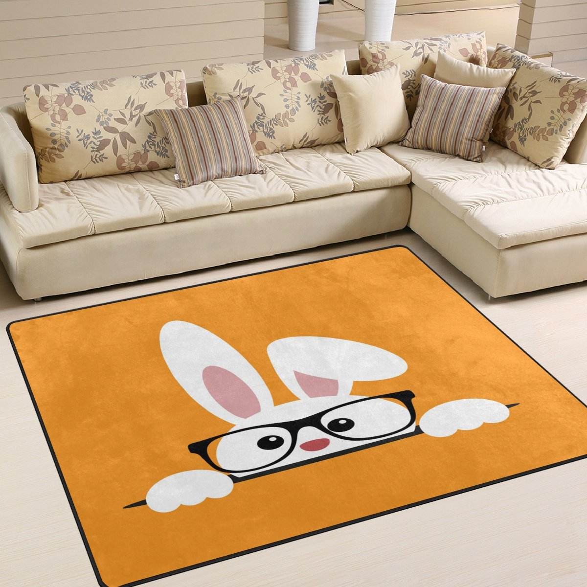 ALAZA Soft Plush Bunny Rabbit Easter Area Rug - 7' x 5' Non-Slip Floor Mat for Living Room, Bedroom, Nursery - Perfect for Spring Decor, Kids Play Area & Holiday Home Decoration