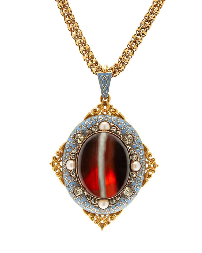 Antique Victorian 18K Gold Enameled Banded Agate Pendant with Chrysoberyl & Natural Pearls - Elegant Vintage Jewelry for Weddings, Parties & Special Occasions