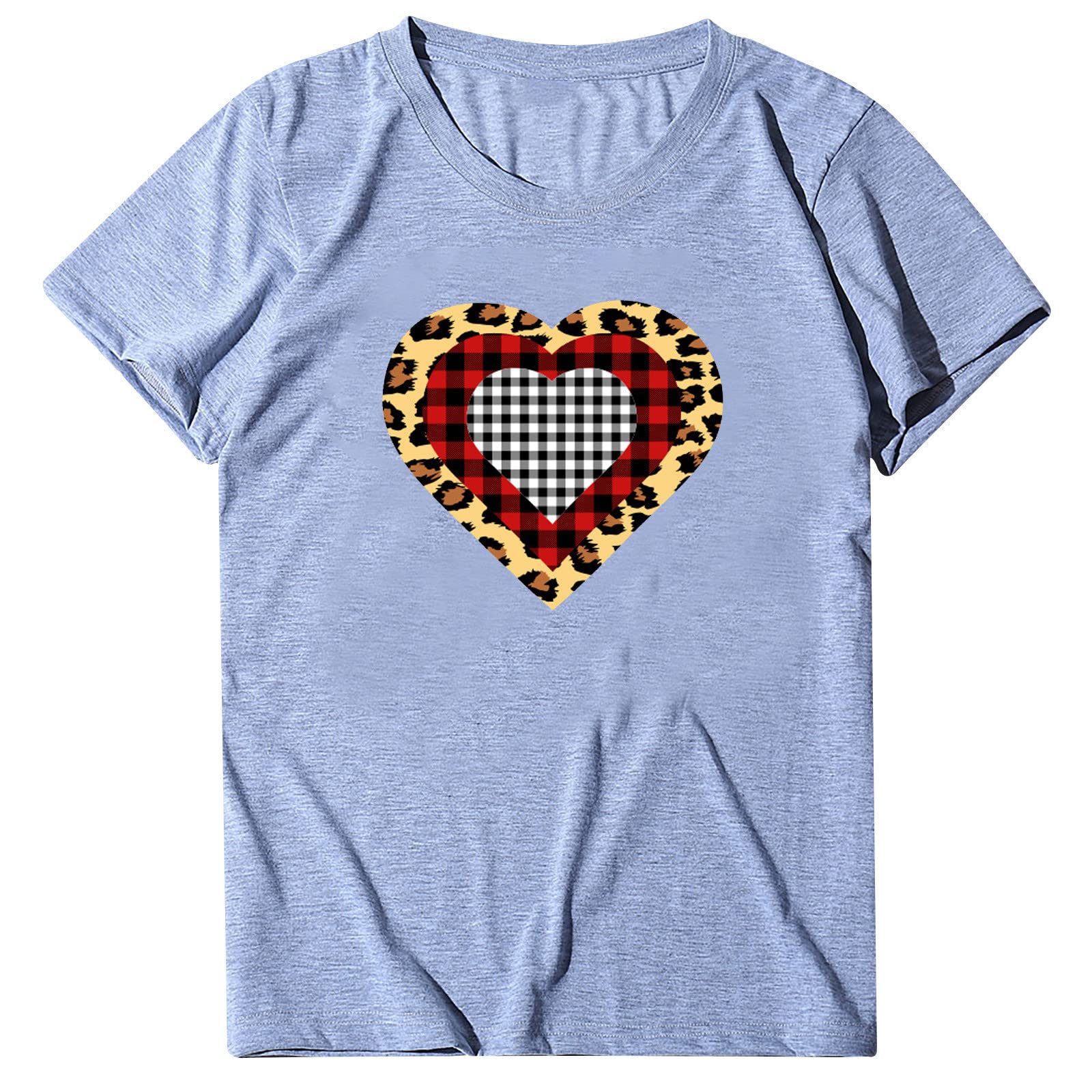 Valentine's Day Shirts for Women - Short Sleeve Crew Neck Graphic Tee with Leopard & Buffalo Plaid Love Hearts Design | Perfect for Date Night, Galentine's Party & Romantic Gifts